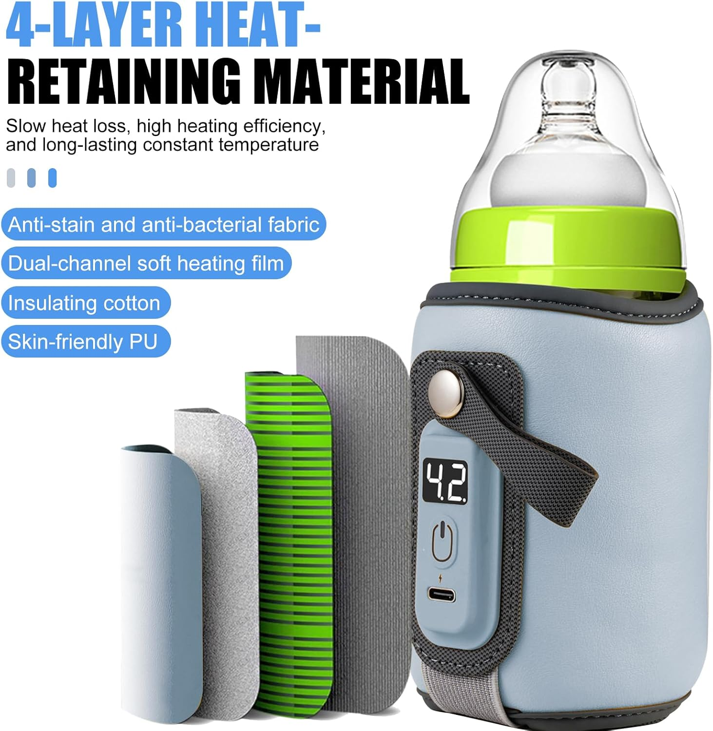Baby Bottle Warmer Portable,Milk Warmer 5-Speed Temperature Adjustment,Usb-C Charging,Adjustable Velcro,Easy to Clean,Suitable for Most Baby Bottles,Blue image number 4
