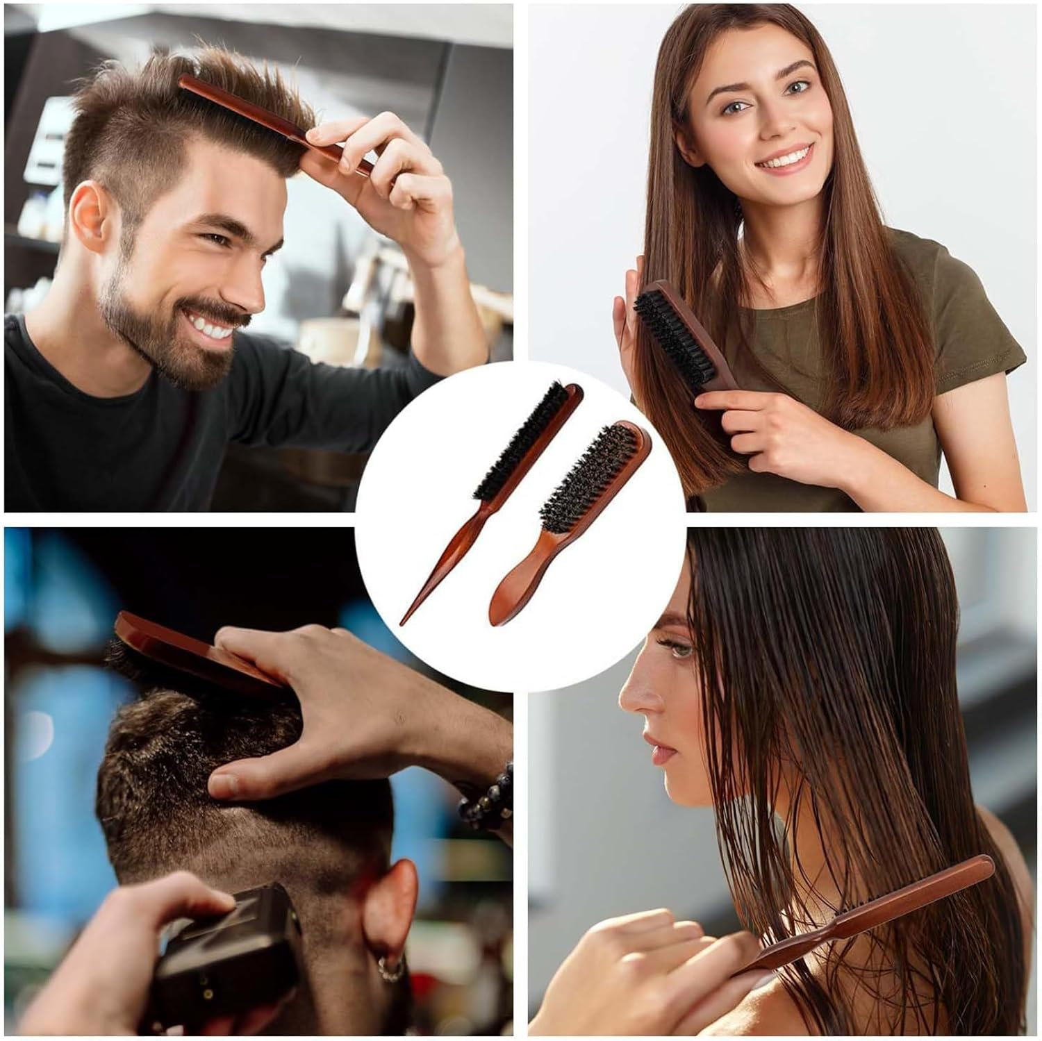 Hair Massage Smoothing Hair Brush, 2 Pcs Soft Hair Brush, Bristle Brush, Slick Back Hair Brush, Comb and Shear Tools, Suitable for Trimming and Combing Long/Thick/Curly/Thin/Thick Hair/Beard image number 5