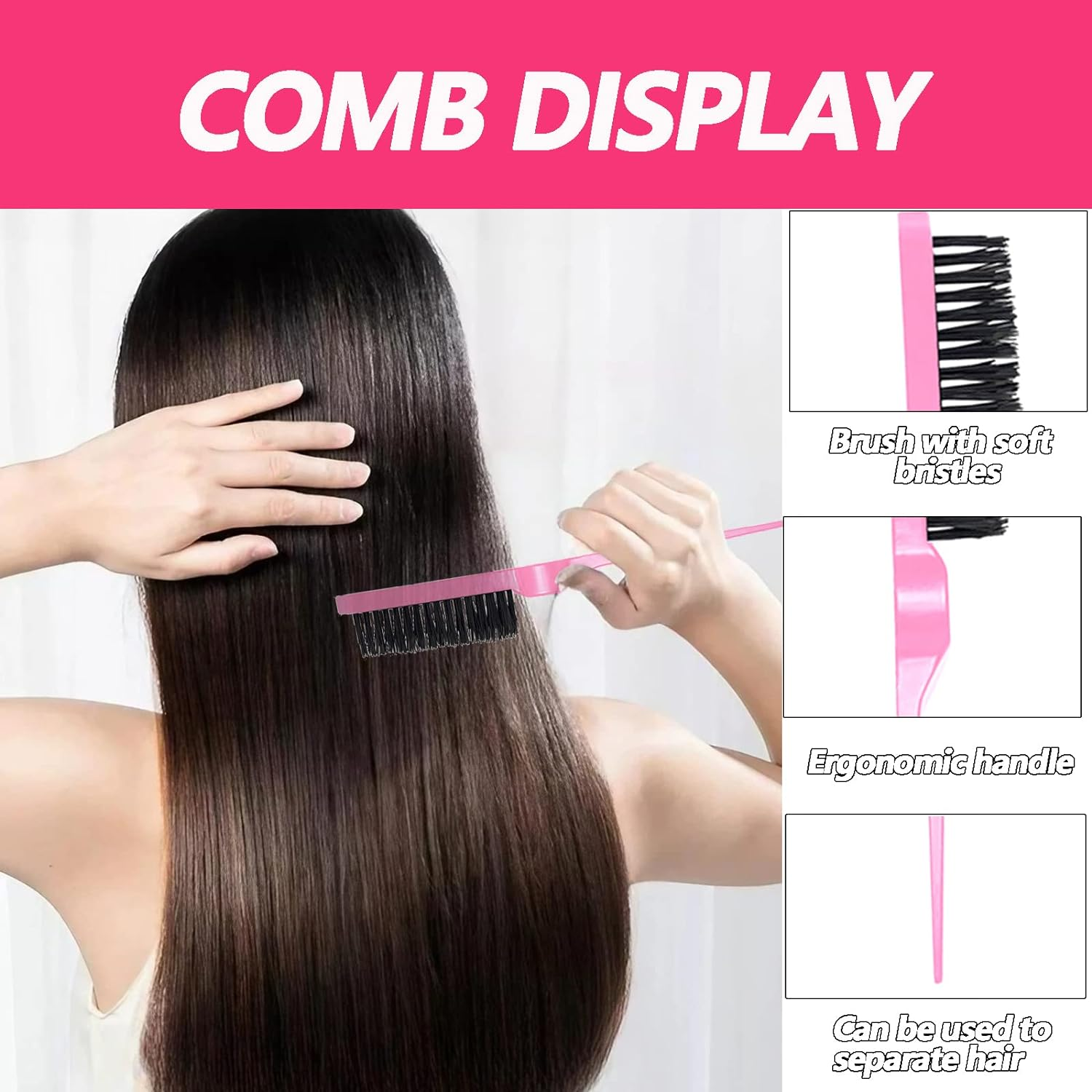 3 Pcs Slick Back Hair Brush Set, Curly Hair with Edge Brush, Bristle Hairs Brush, Rat Tail Comb for Edge and Back Brushing, Combing Slicking Hairs for Women(Color:Pink) image number 1