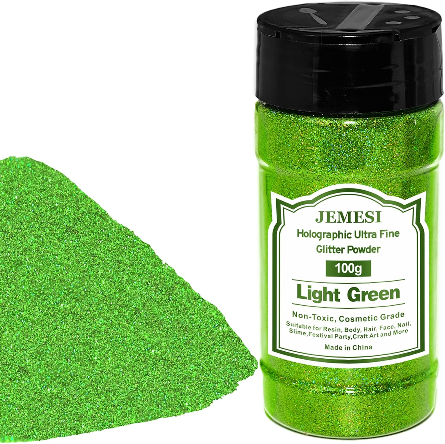JEMESI Green Fine Glitter Holographic Glitter Powder, Glitter Powder for Epoxy Resin, Nail, Casting, Body Art & Decoration - 100 G image number 2