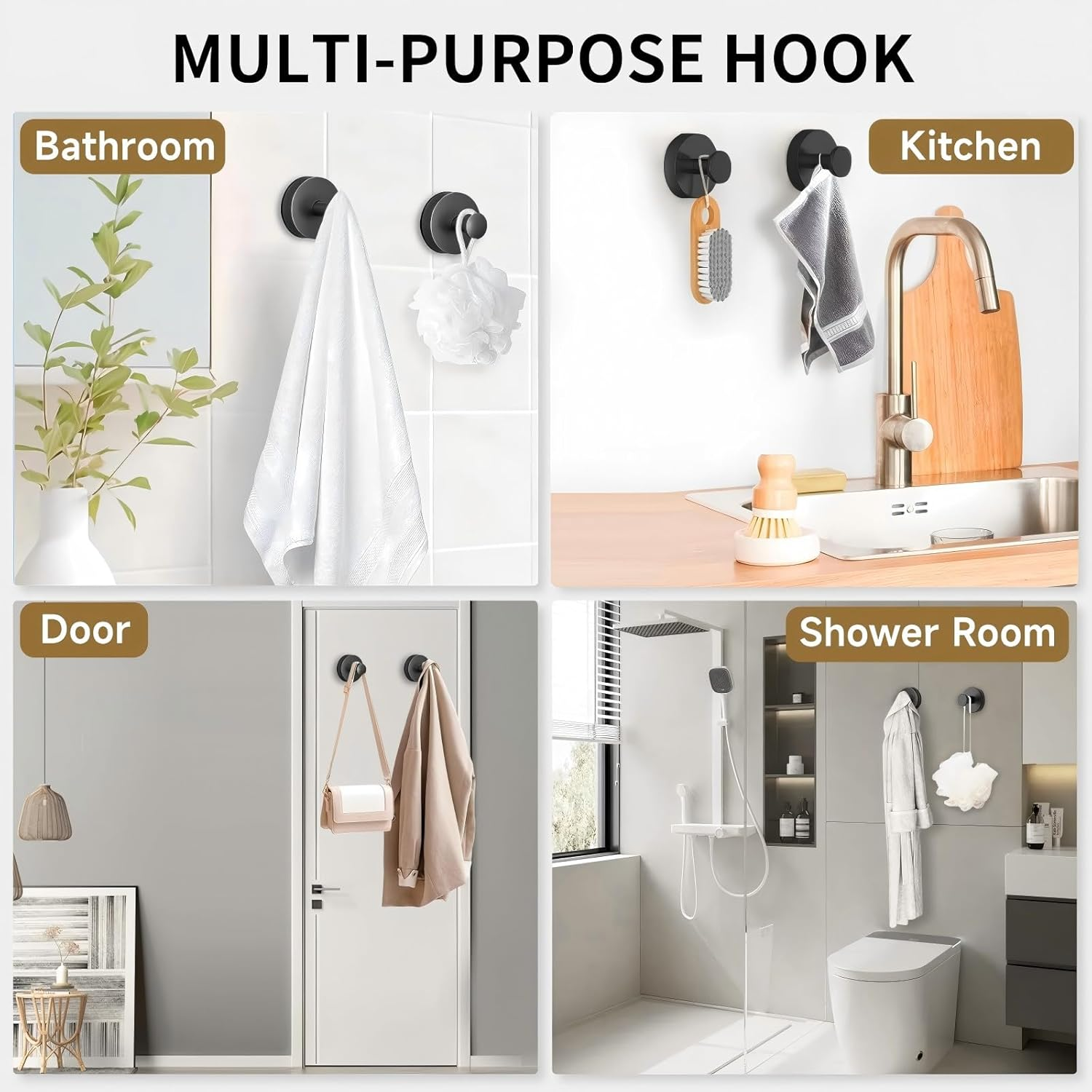 4 Pcs Suction Cup Hooks for Shower, No-Drill Bathroom Hooks Can Pull up to 15 Lbs for Kitchen, Toilet, Restroom on Glass, Suction Hook Suitable for Hanging Towels Suction Hooks, Rustproof, Matte Black - 2 Pcs Gold Bright image number 2