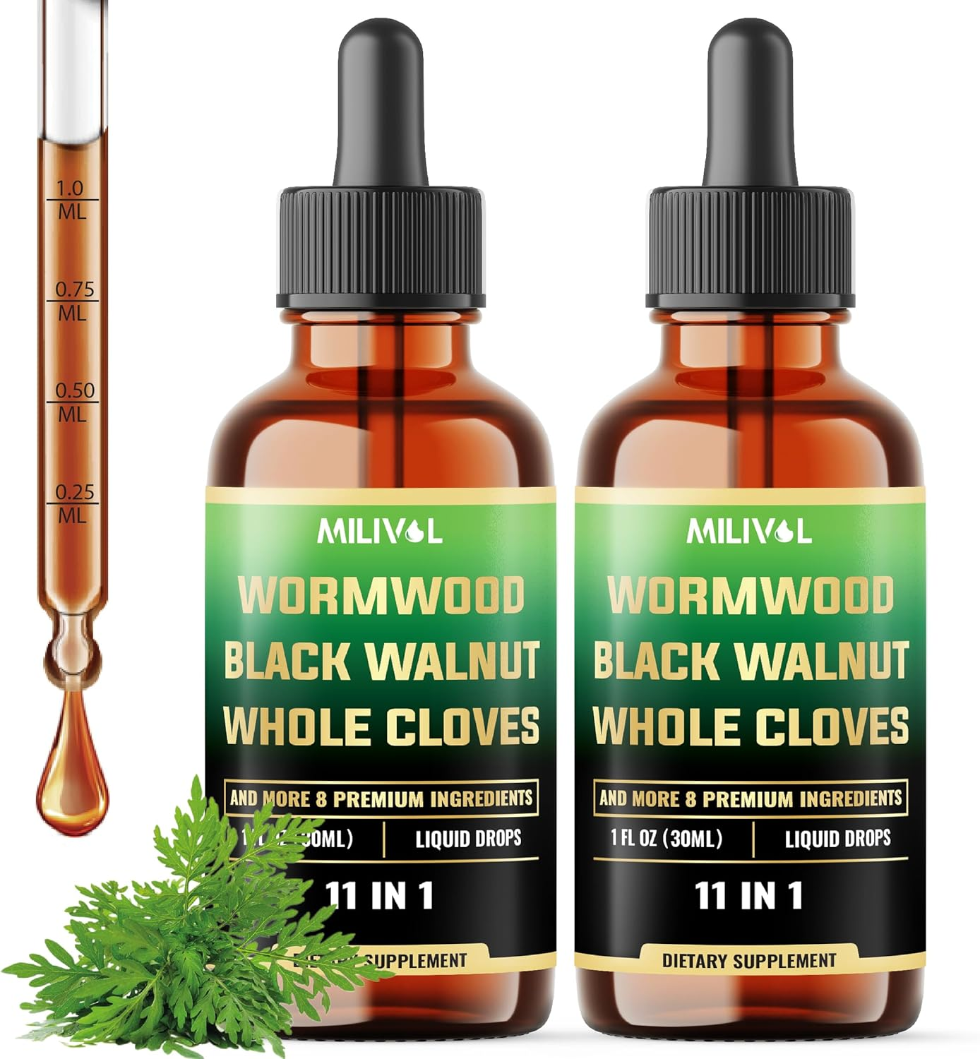 MILIVOL [ 2 Packs of 1Fl Oz ] - Wormwood Liquid Drops - Wormwood Extract Tincture with Black Walnut, Whole Cloves & 8 More Herbs - 60 Days Supply image number 3