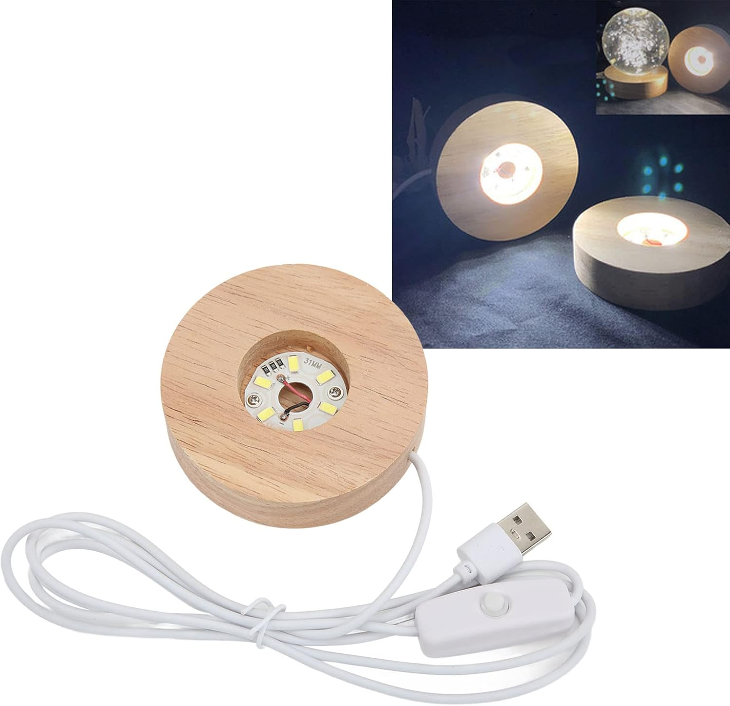 LED Light Base, Lighted Base for Glass Art, Wooden LED Light Display Base for Crystal Glass Art Resin, USB 5V LED Light Display Base Stand, round (White Light Base) image number 5