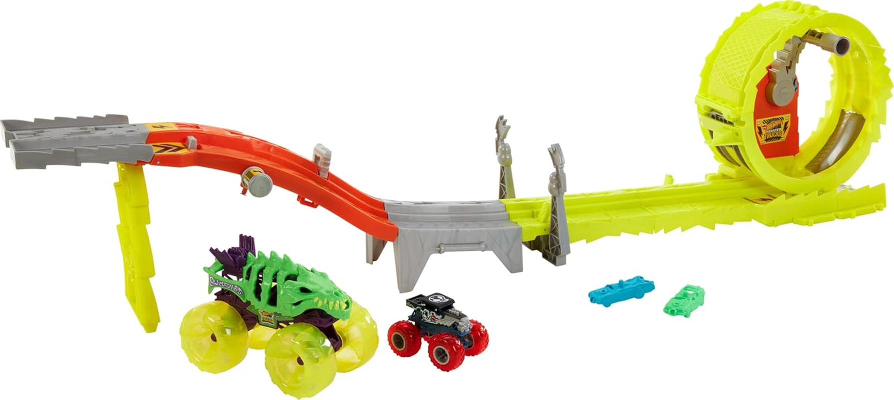 Hot Wheels Monster Trucks Track Set with 2 Toy Trucks: Oversized Skelesaurus & 1:64 Scale Bone Shaker, Charge & Chase Challenge with 2 Crushed Cars