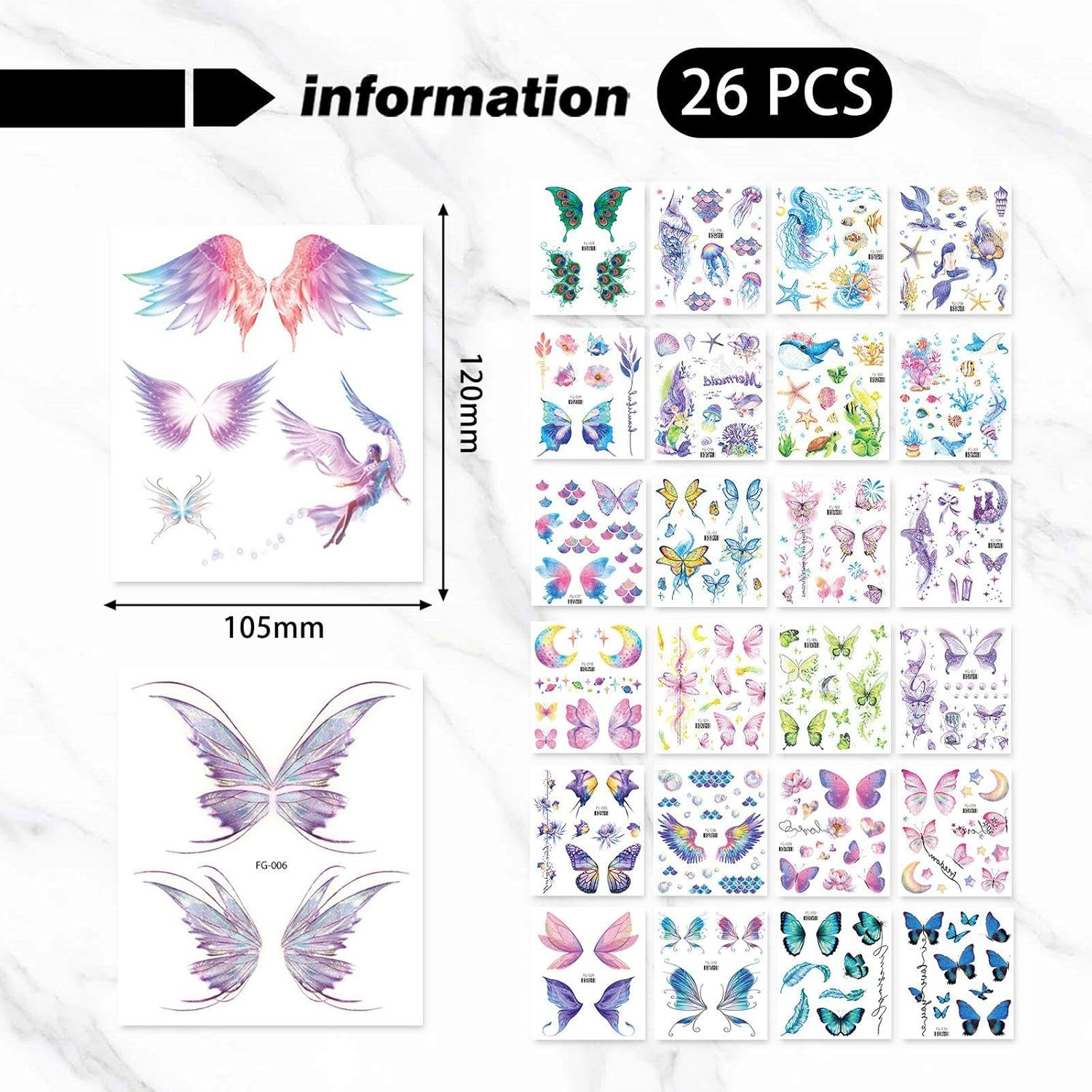 26 Coloured Butterfly Tattoo Stickers, Waterproof Tattoo Stickers, Party Face Make-Up, Temporary Tattoo Stickers for Women image number 1