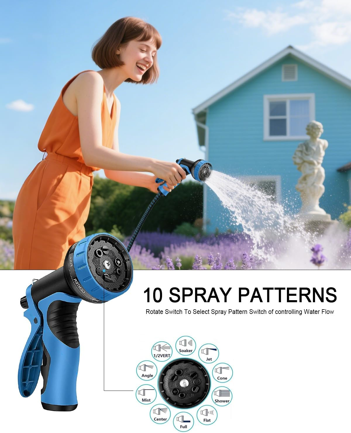 Expandable Garden Hose, with 8-Mode Spray Nozzle, Universal Adapter for 1/2" & 3/4", Flexible Retractable Water Hose for Car Wash, Lawn, Garden, and Outdoor Cleaning (Black and Blue, 15 Meter) image number 4