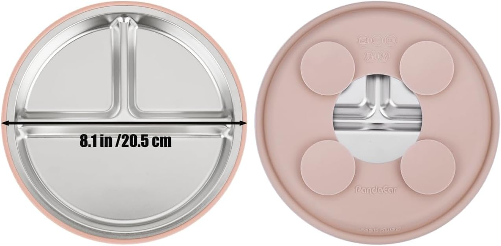 Pandaear 6-In-1 Stainless Steel Baby Feeding Set | Divided Suction Plate, Bowl, Sippy Cup with Straw, Bib, Spoon & Fork | Bpa-Free Toddler Feeding Essentials for Self-Feeding, Pink