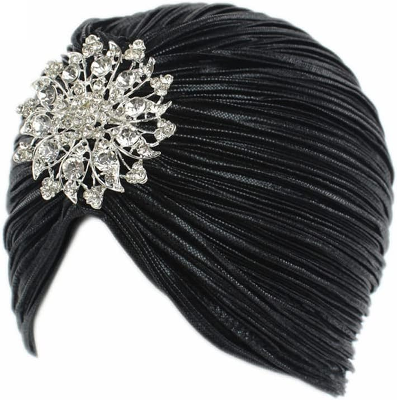 Women Vintage Turban Hat with Rhinestones Flower Decoration Beanie Cap Headwrap for 1920S Gatsby Costume Cocktail Party