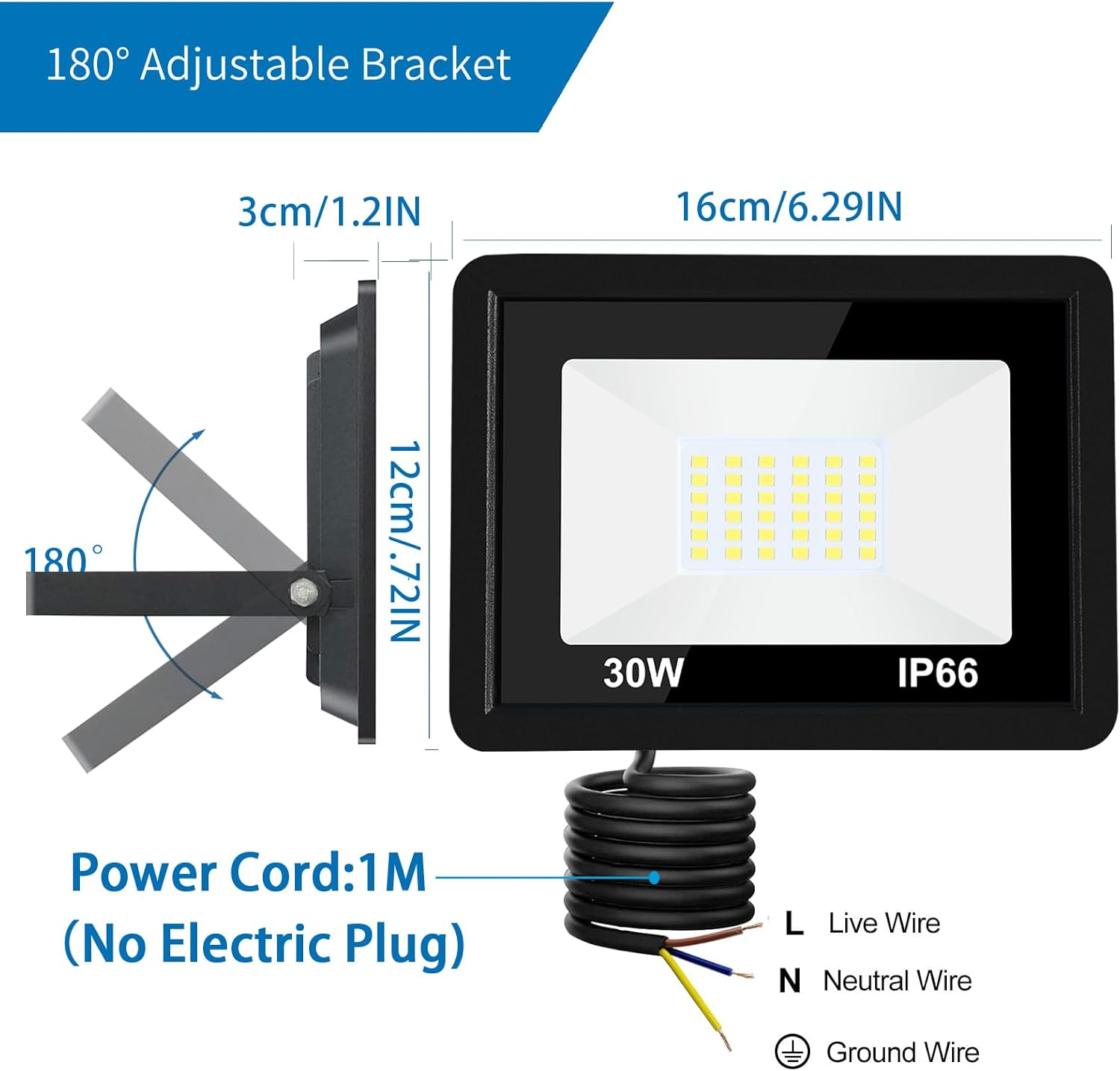 30W LED Flood Light Outdoor, 2700Lm LED Work Light,Floodlight Fixture IP66 Waterproof, 6500K Daylight White Super Bright Security Light for Yard Garden Stadium Garage Playground - 2Pack-50W image number 4