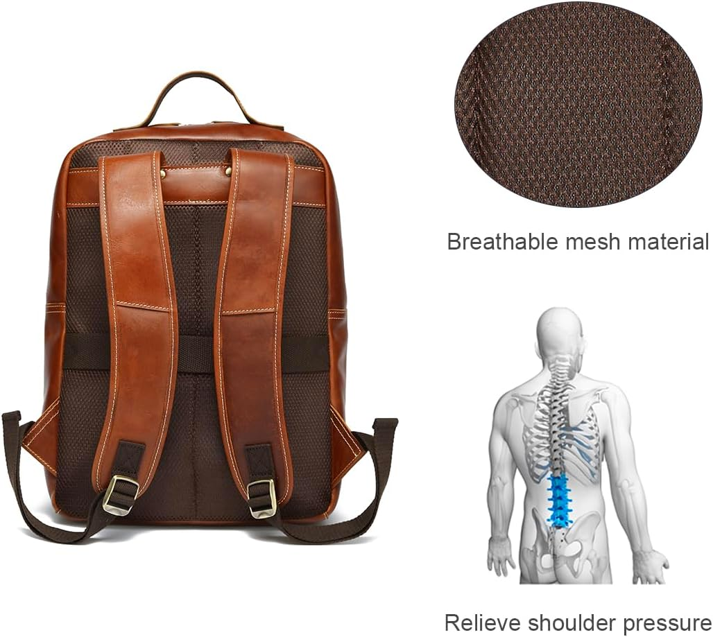 'LANNSYNE Vintage Genuine Leather Backpack for Men Fits up to 15'' Laptop Travel Hiking Rucksack' image number 4