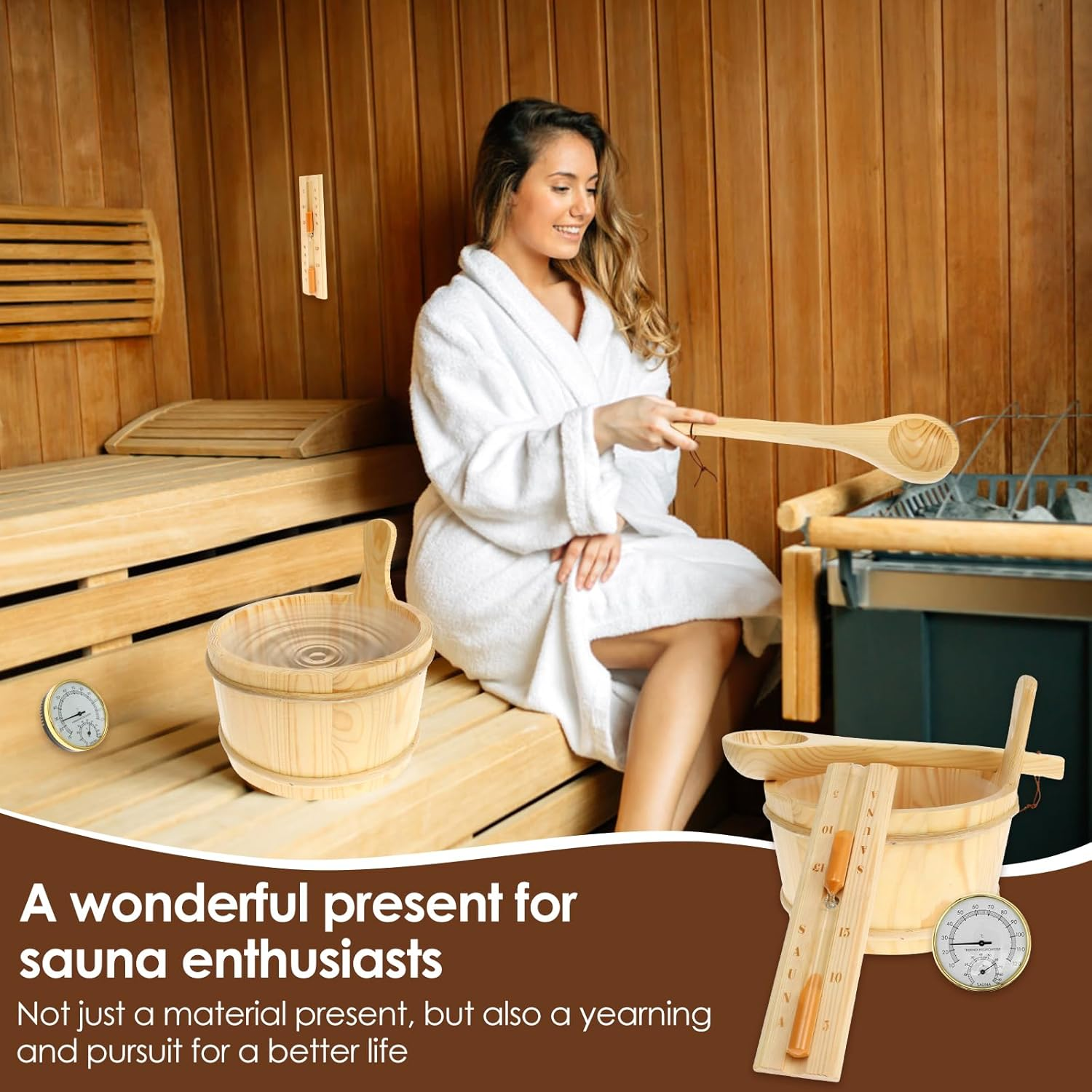4PCS Sauna Accessories Set, Wood Sauna Bucket Sauna Spoon 2 in 1 Sauna Thermometer Hygrometer Hourglass Timer, Easy to Use Sauna Kit Suitable for Home, Steam Saunas Room