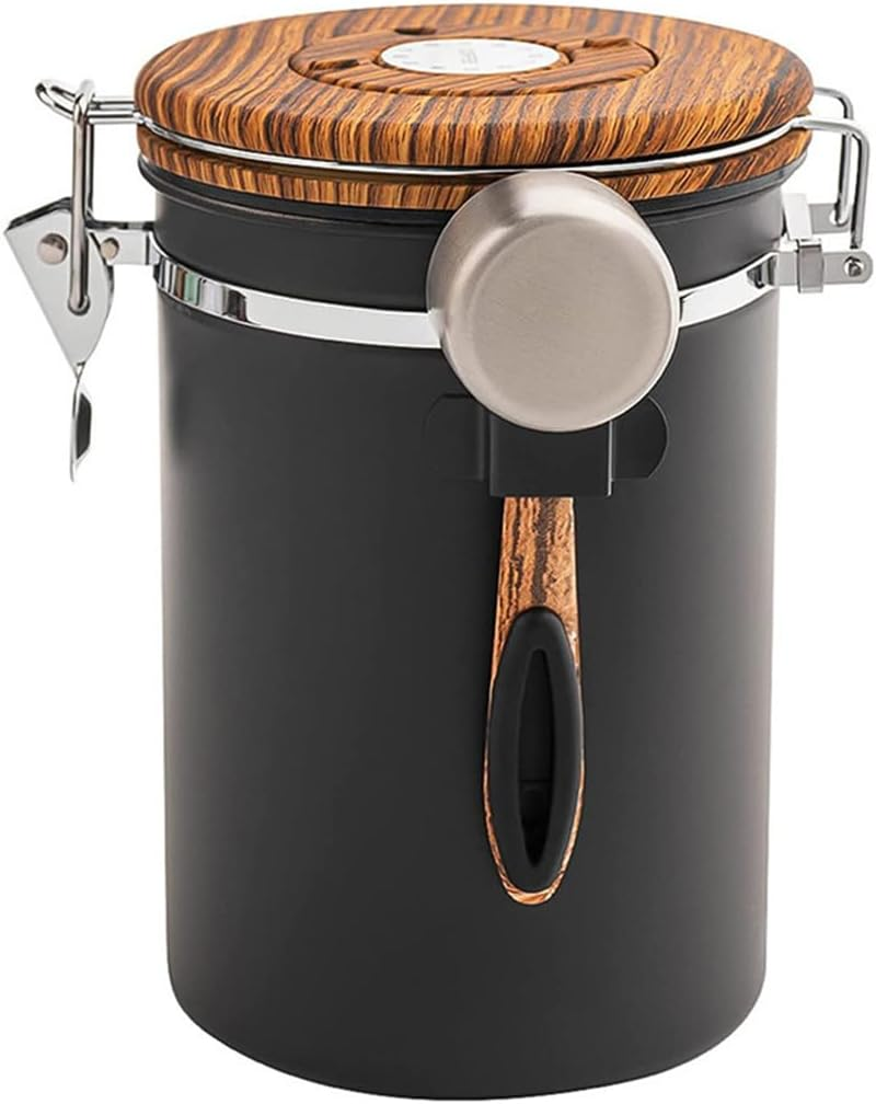 AIMALL Coffee Storage Canister with Day Schedule, Vacuum Sealed Jar with Spoon and Date Tracker, Airtight Stainless Steel Tea Powder Container in Wood Grain and Black image number 5