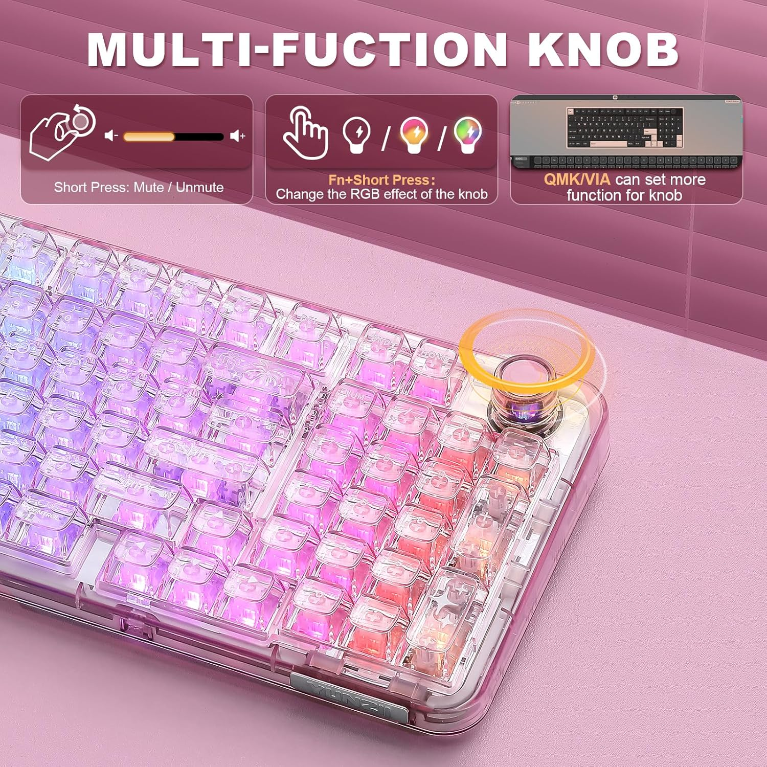 YUNZII X98 QMK/VIA Wireless Mechanical Gaming Keyboard with Knob,Tri-Mode Bt5.0/Usb-C/2.4Ghz Hot Swappable Keyboard,Pre-Lubed Switches Gasket Mount RGB Backlit for Wins/Mac (Pink, Snow Switch) image number 2