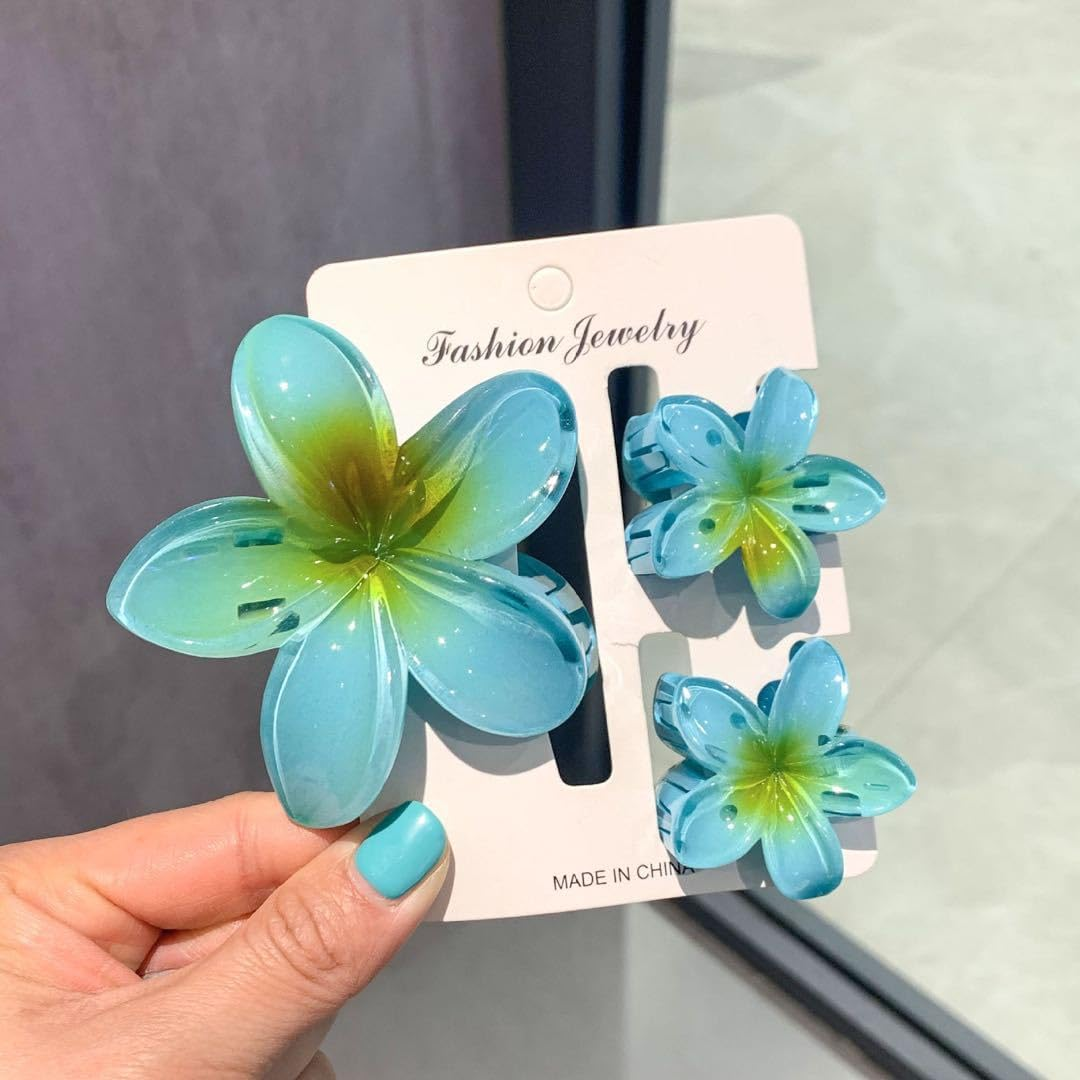 Flower Hair Clips for Women Claw Clips Summer Beaches Fashion Hair Accessories with Gradient Cute Design Barrettes Hold Hair in Place for Thick Thin Hair (Blue, 3Pcs: 1 Large 2 Small) image number 2