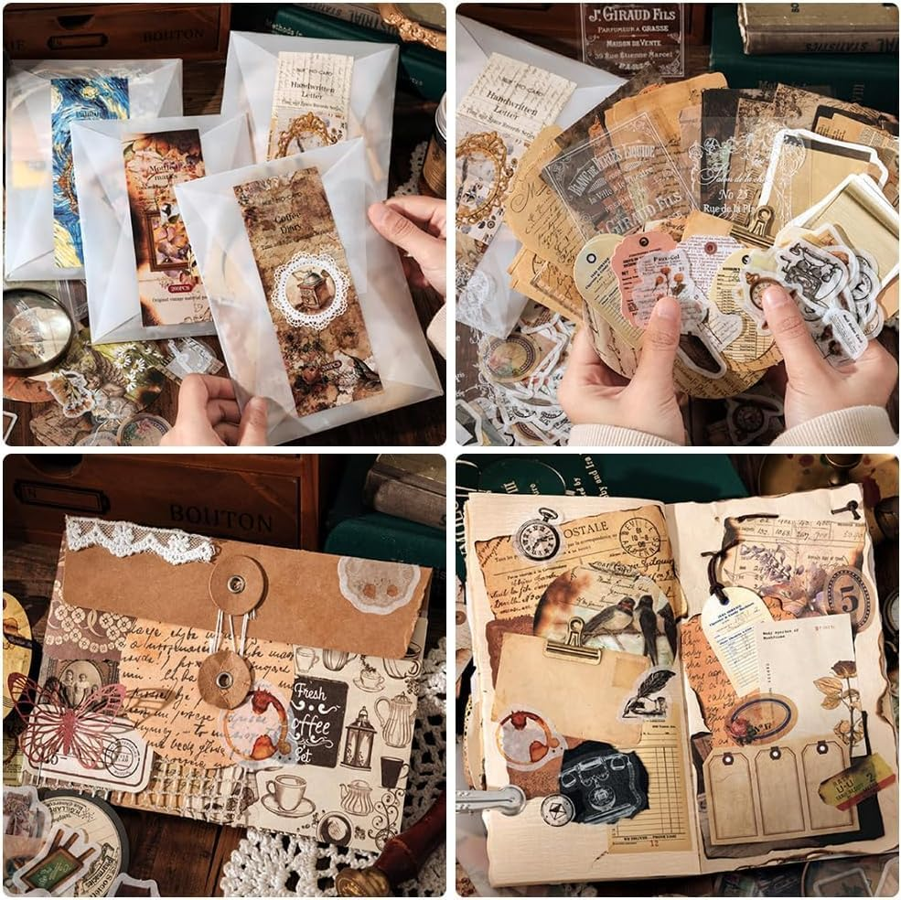 YSHIGUING 200Pcs Vintage Scrapbooking Stickers Pack Scrapbook Paper Accessories Journaling Supplies Stickers Kit Scrapbooking Deco Stickers for Journal DIY Craft Letters Card Making (Letter Series)
