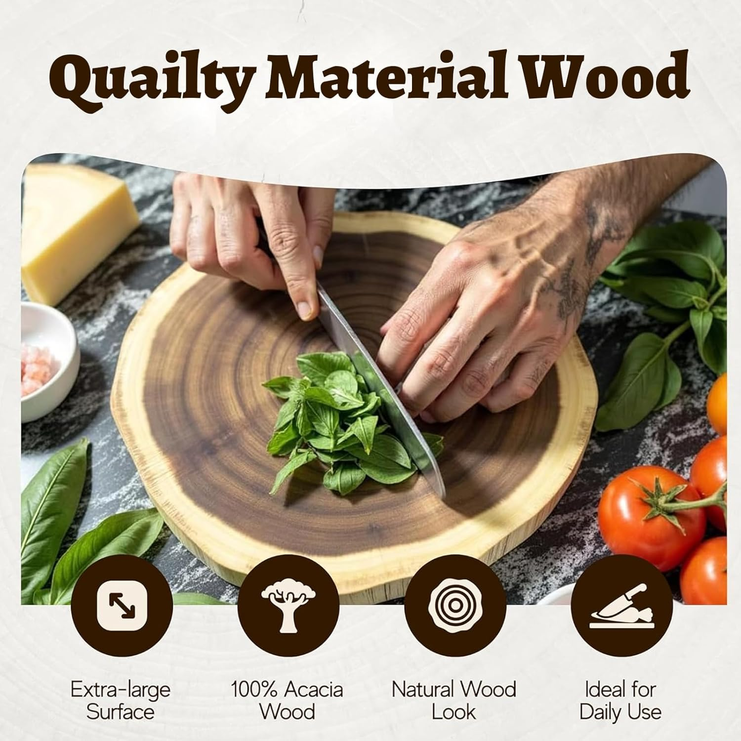 Round Chopping Board Acacia Wood Natural Wooden Charcuterie Board,Wooden Cutting Board, Reversible Serve Board with Unique Wood Grain Pattern for Kitchen,Meat,Cheese image number 5