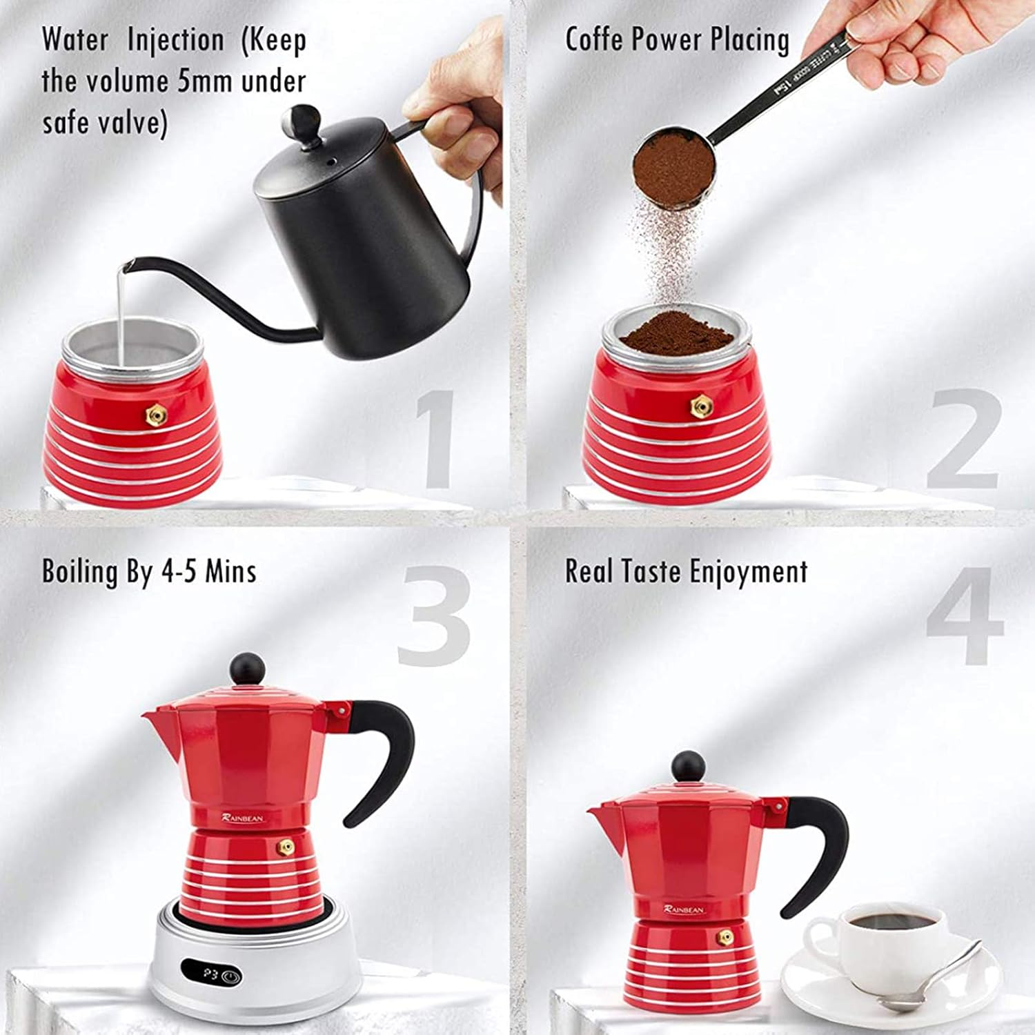 RAINBEAN Stovetop Espresso Maker 6 Cup Moka Pot,Italian Cuban Greca Coffee Maker,Aluminum Durable and Easy to Use & Clean,300Ml Red - Black image number 3