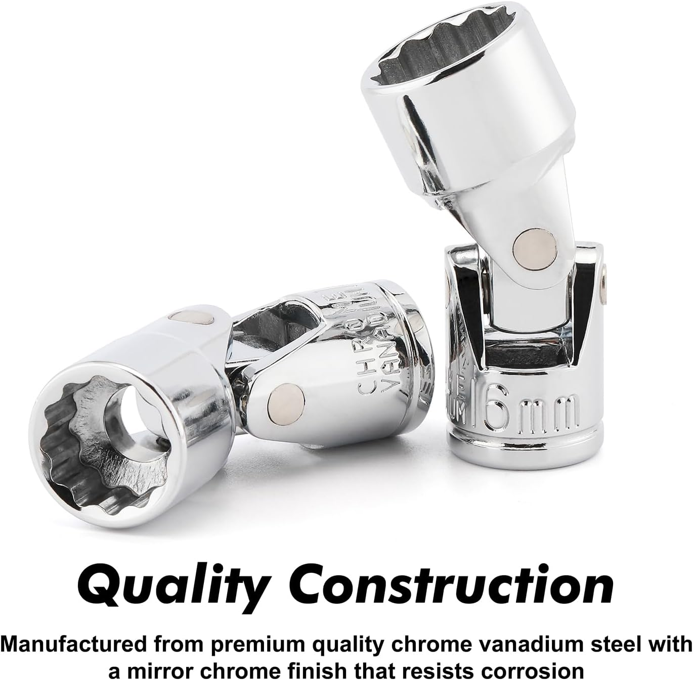 CASOMAN 3/8" Drive Universal Joint Socket Set- 10 Piece Flex Socket Set, 12-Point, Cr-V, Metric, 10-19Mm, Mirror Chrome Finish image number 4