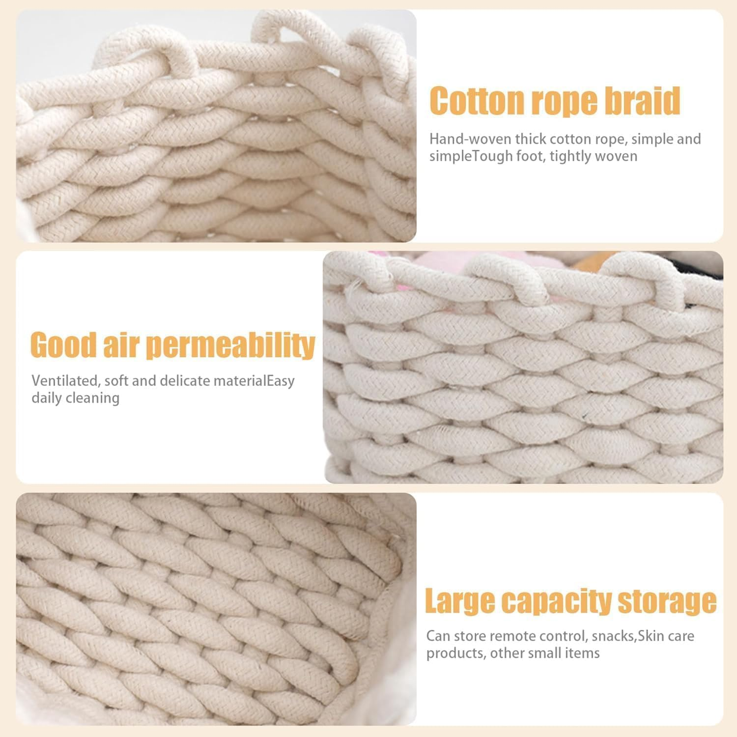 Small Natural Cotton Rope Woven Baskets for Organization,Ideal as Cat and Dog Toy Baskets, Bathroom Makeup, Toy, Sock Storage Bins(Off White,2) image number 4