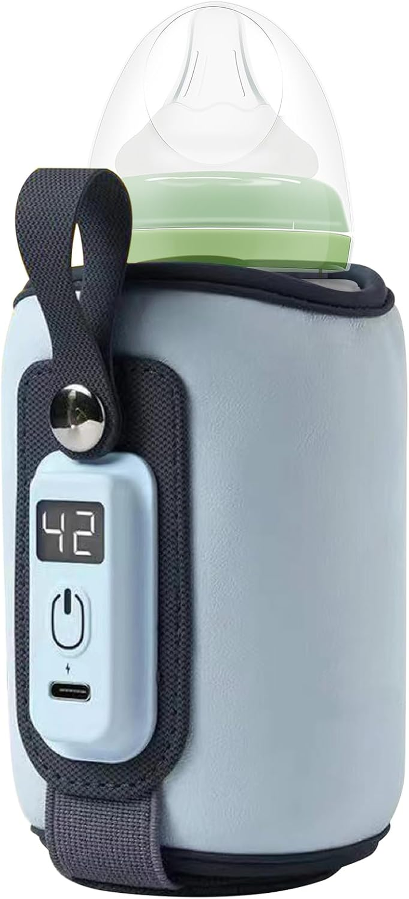 Baby Bottle Warmer Portable,Milk Warmer 5-Speed Temperature Adjustment,Usb-C Charging,Adjustable Velcro,Easy to Clean,Suitable for Most Baby Bottles,Blue