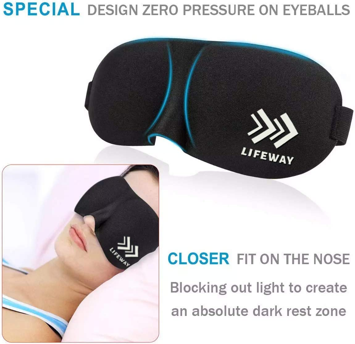 LIFEWAY Sleep Mask Eye Mask for Men Women - 3D Sleep Mask Eye Mask with Ear Plug and Travel Pouch - Best Night Blindfold for Travel, Spa, Naps, Airplane, Meditation (Black) image number 3