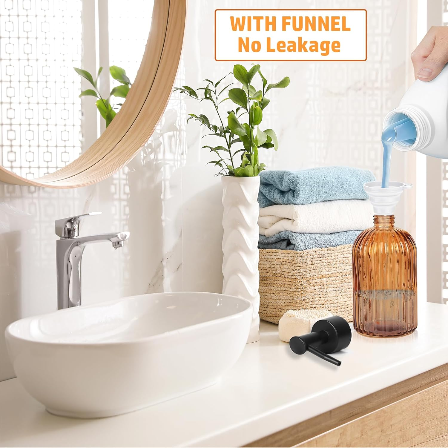 GKSCXEXE 400Ml Amber Glass Soap Dispenser with Plastic Pump & Funnel, Liquid Hand Wash Dispenser for Bathroom Kitchen, Refillable Pump Bottle Bottle for Hand Soap, Dish Soap, Shampoo, Lotions