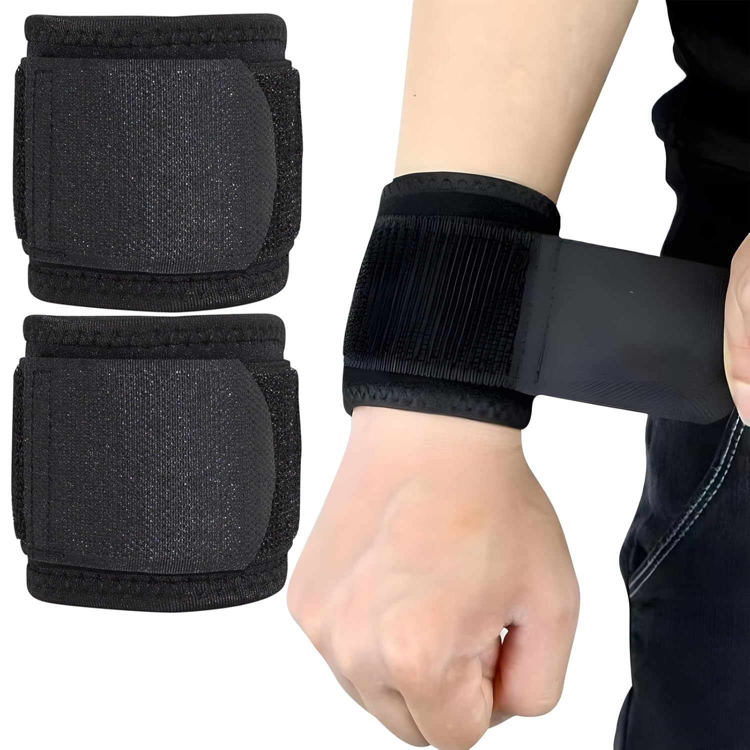 2 Pcs Wrist Wraps, Adjustable Compression Wrist Brace Support for Gym, Weightlifting, Fitness & Sports, Lightweight Wrist Straps for Carpal Tunnel Pain Relief, Men & Women (Black)