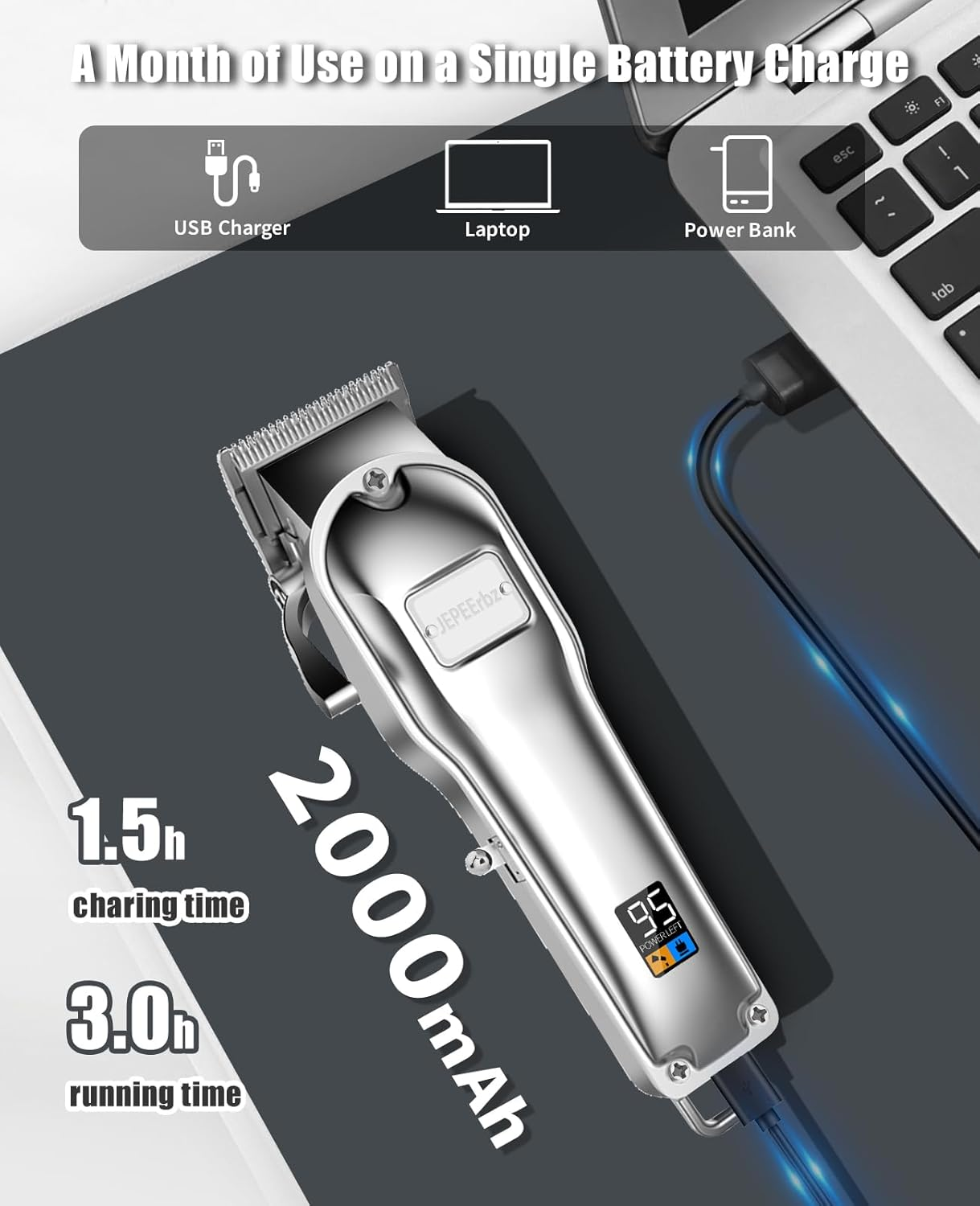 Hair Trimmer for Men, Professional Hair Clippers with 8 Guide Combs, Cordless, Rechargeable, Silver