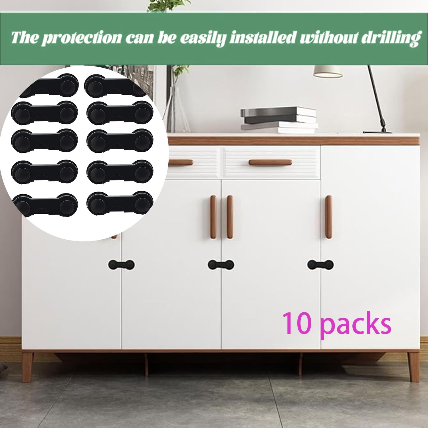 Roczential 10 Pack Cabinet Locks for Babies, Uandhome Child Safety Locks Drawer Locks Baby Proofing Baby Cabinet Safety Latches Kitchen System with Strong Adhesive Tape image number 1