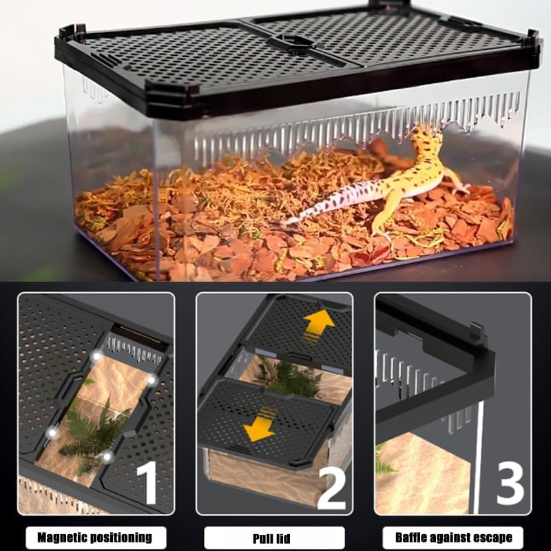 Reptile Acrylic Feeding Box with Sliding Door,19X12.5X9.3Cm Small Reptile Habitat,Lizard Terrarium,Breeding Box for Bearded Dragons, Sliding Cover Keeper for Snakes, Geckos,Reptiles Enclosure (M) image number 1