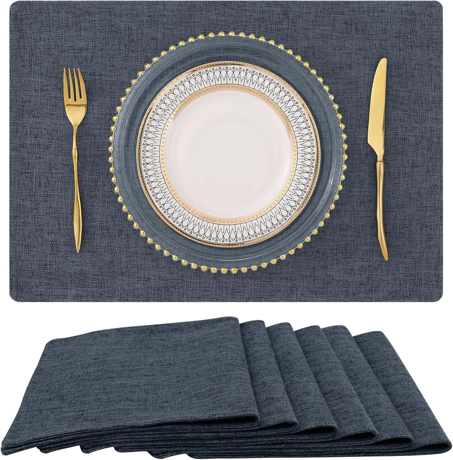 Homing Navy Blue Cotton Linen Blend Placemats for Dining Table Set of 6 &ndash; Washable Farmhouse Kitchen Mats for Indoors & Outdoors, Easy to Clean, 13 X 19 Inch