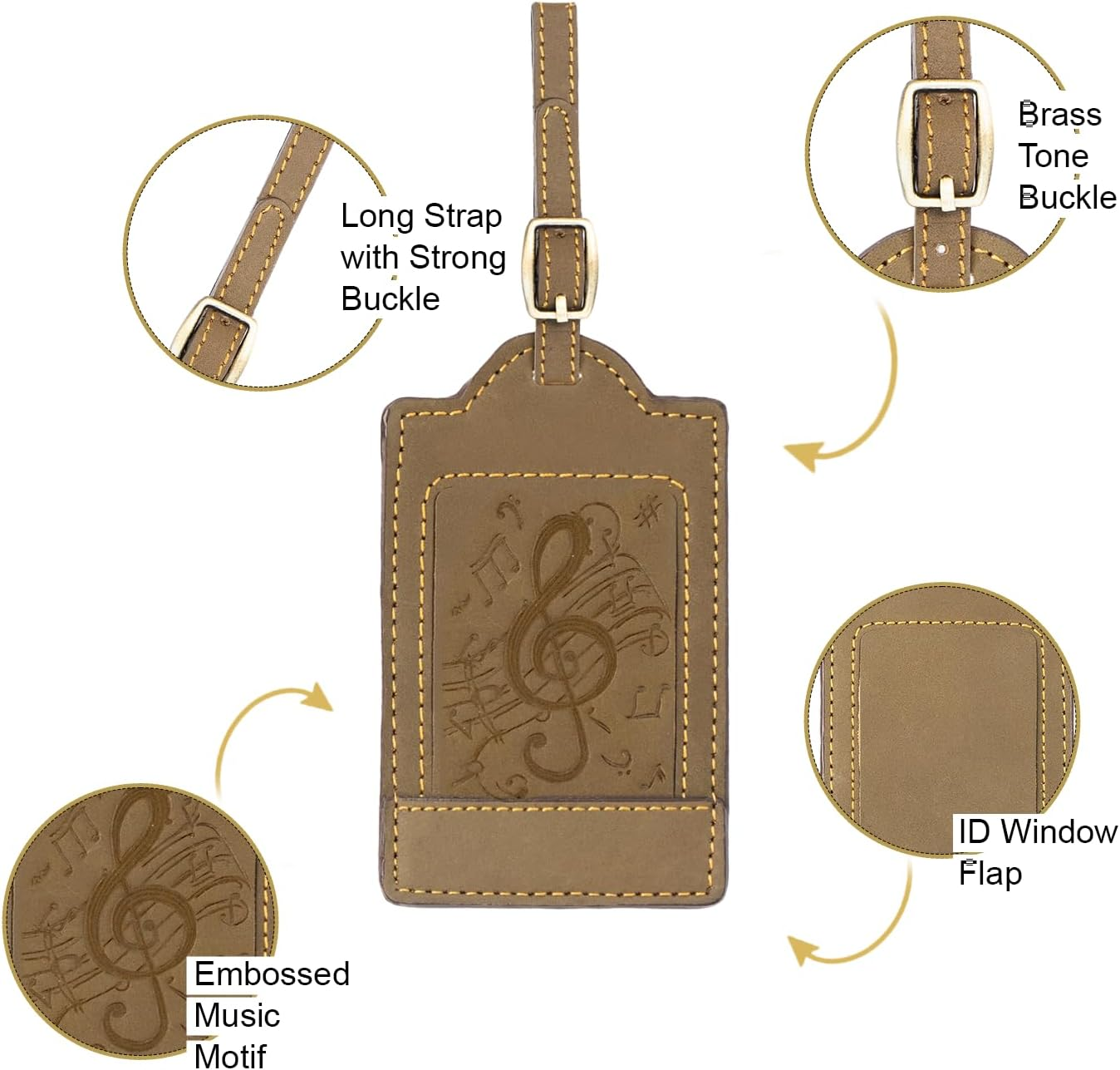 Sovereign-Gear - Two Brown Leather Luggage Tags - Music Embossed - Genuine Leather Luggage Tag for Suitcases, Stylish & Durable Travel Accessory image number 4