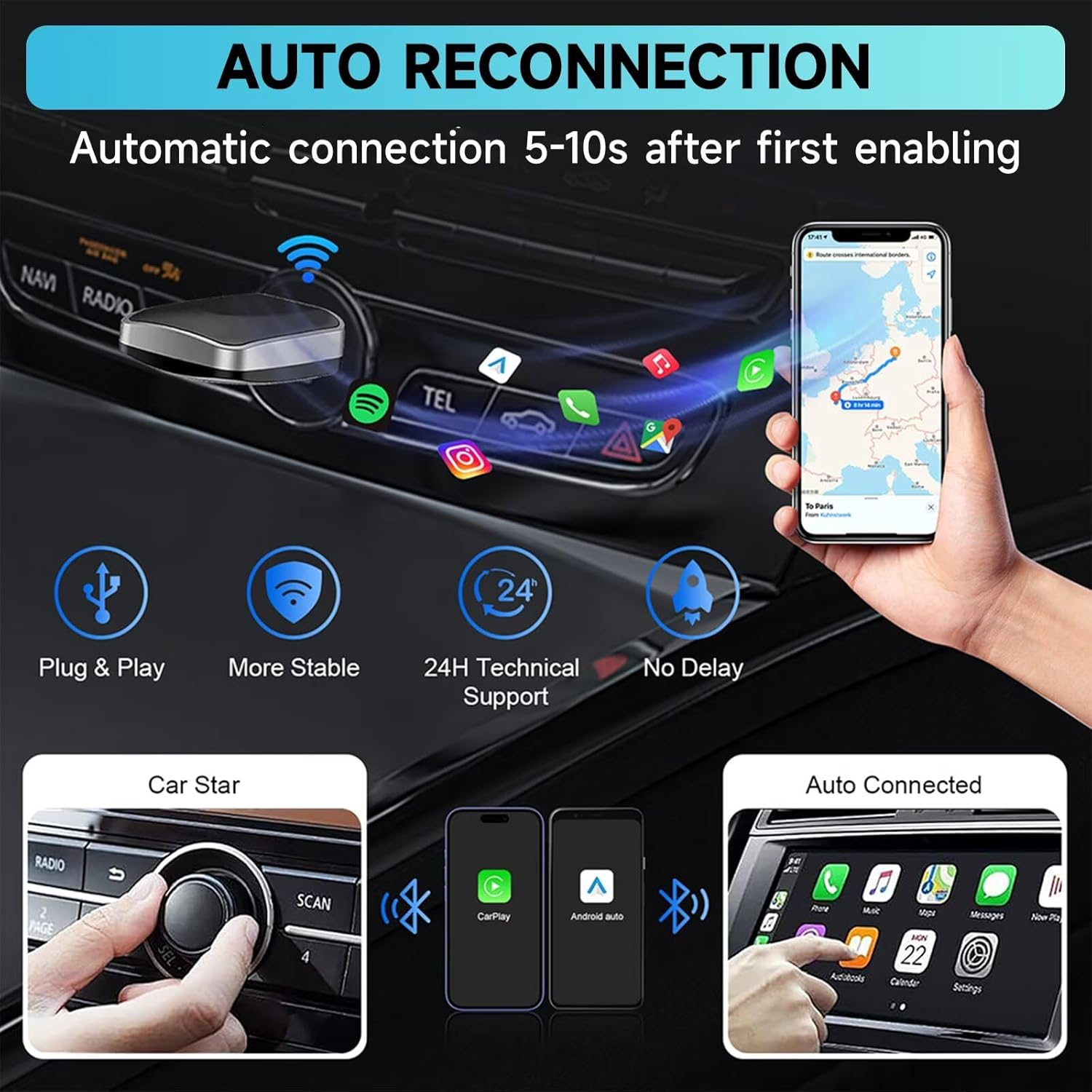 ZVCXOE Wireless Carplay Adapter for OEM Wired Carplay Cars Compatible with Ios 10+ and Android Auto 2 in 1 Plug and Play Mini USB Adapter with USB-C/A Cables Black image number 5