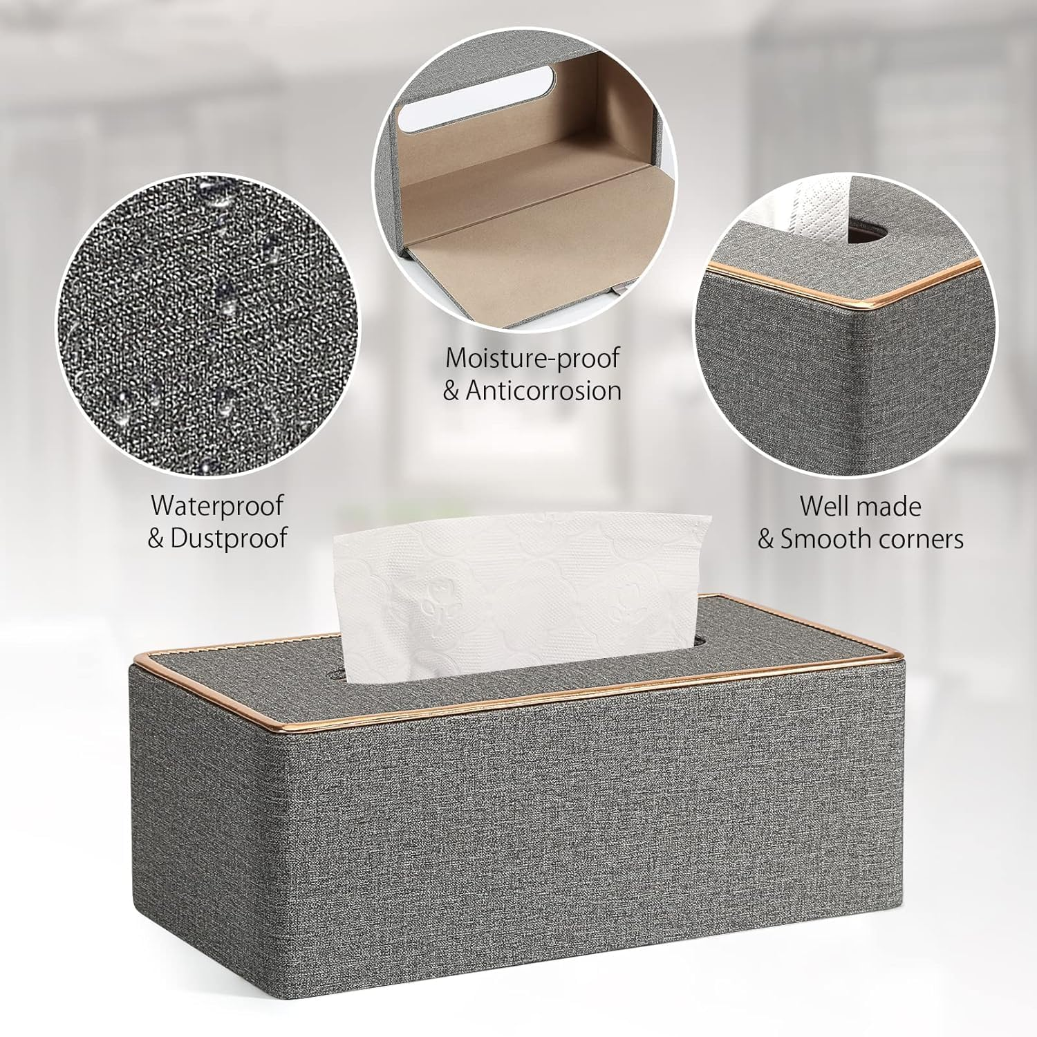 Tissue Box Cover, PU Leather Tissue Box Holder Rectangular Kleenex Box Covers for Home/Office/Car Decoration 9.84"X5.23"X3.77" (Grey) image number 3