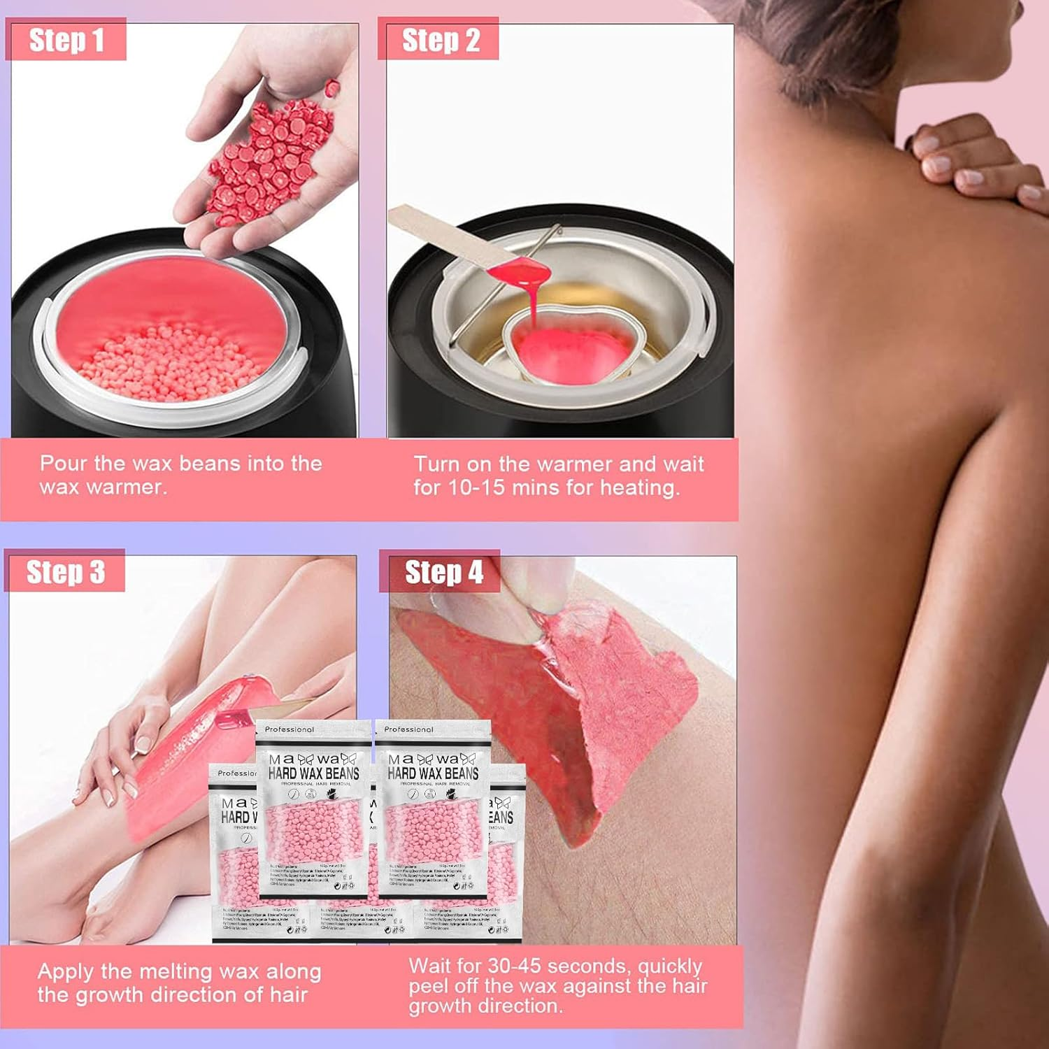 500G Hard Wax Beads for Hair Removal with 10 Sticks, Wax Beads for Sensitive Skin, Body Wax Beads for Thick Hair, Waxing Beads for Face, Eyebrows, Body, Home(100G/Pack) (5 Pack, Rose) image number 2