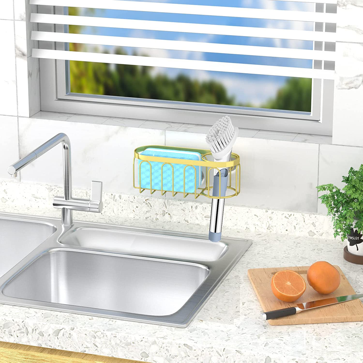 Yazoni 2-In-1 Sponge Holder for Kitchen Sink, Suction Cup Rack Caddy, No Drill Rustproof Kitchen Sink Organizer for Place Dishwashing Brush Soap and Sponge (Gold) - Gold image number 5