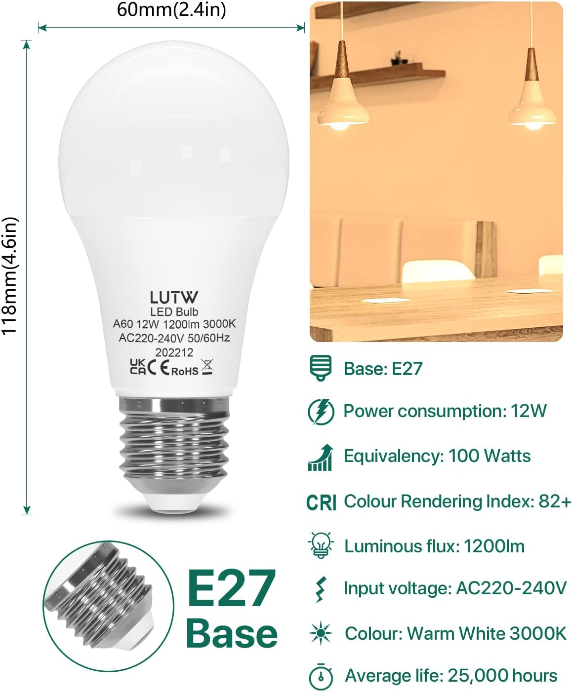 LED Light Bulbs, E27 Edison Screw Bulbs 100W Equivalent, Warm White 3000K ES Screw in Light Bulb, 12W 1200Lm Super Bright Energy Saving Lightbulbs for Lamp, Non-Dimmable Pack of 6