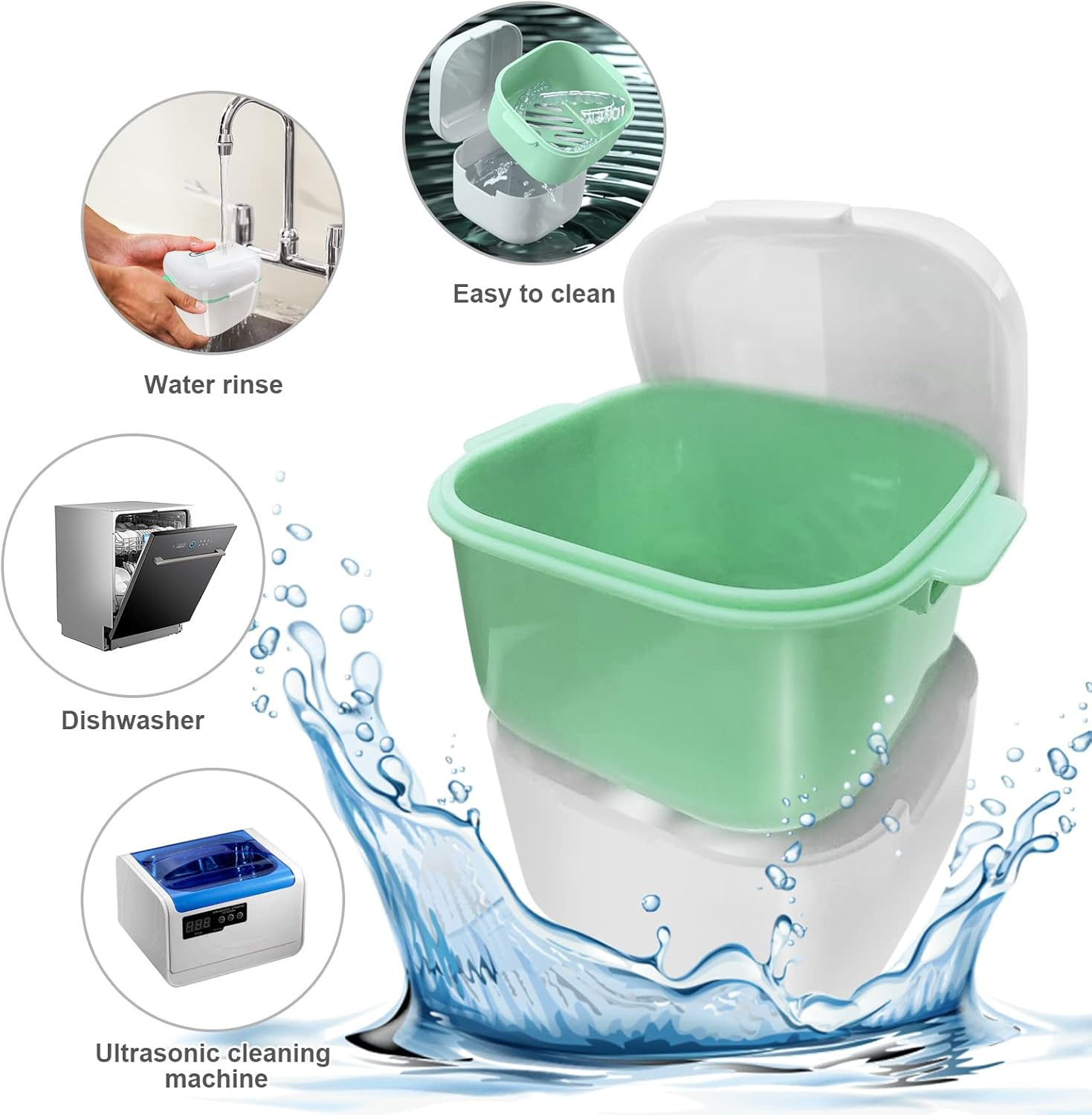 Retainer Case, Denture Bath, Denture Cups for Soaking Dentures, Denture Pots with Lid, Easy to Carry and Clean Denture Case with Removable Rinse Basket and Finger Toothbrush