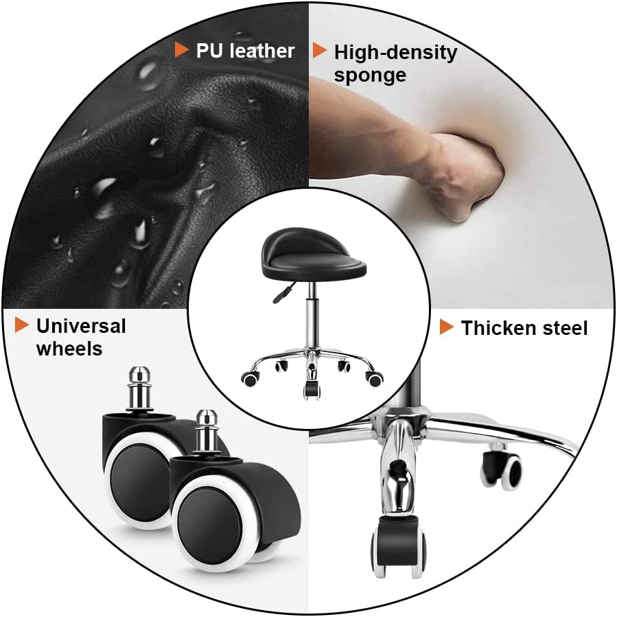 PU Leather round Rolling Stool with Back Rest Height Adjustable Swivel Drafting Work SPA Medical Task Chair with Wheels Black