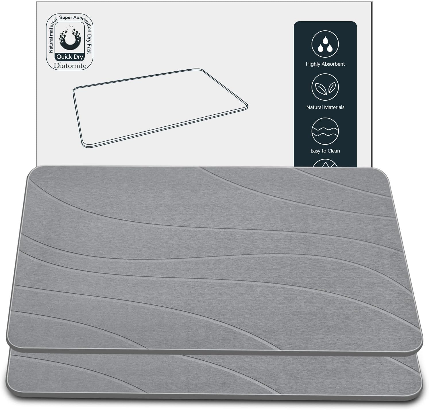 Heyolo Stone Bath Mat Diatomaceous Earth Bath Mat 60X39Cm Non-Slip Super Absorbent Bath Mats for Bathroom Quick Drying Diatomite Stone Shower Mat for Kitchen Bathtub, Easy to Clean, Gray