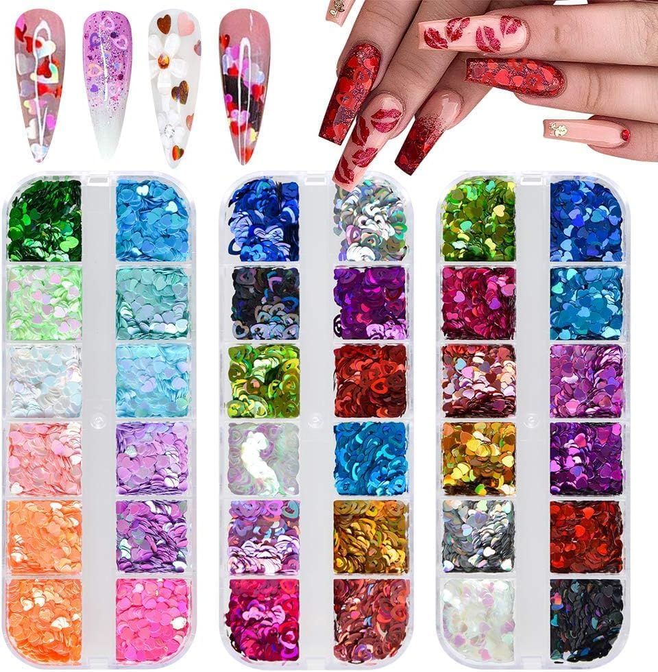EBANKU Holographic Heart Shaped Nail Art Sequins, 36 Colors, DIY Craft & Makeup Effects image number 5