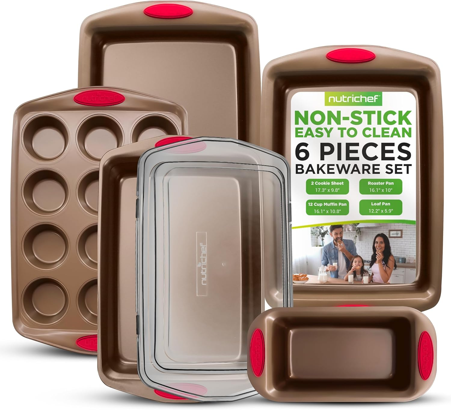 Nutrichef 6-Piece Baking Pan Set - PFOA, PFOS, PTFE Free Flexible Nonstick Gray Coating Carbon Steel Bakeware - Professional Home Kitchen Bake Cookie Sheet Stackable Tray W/Blue Silicone Handles