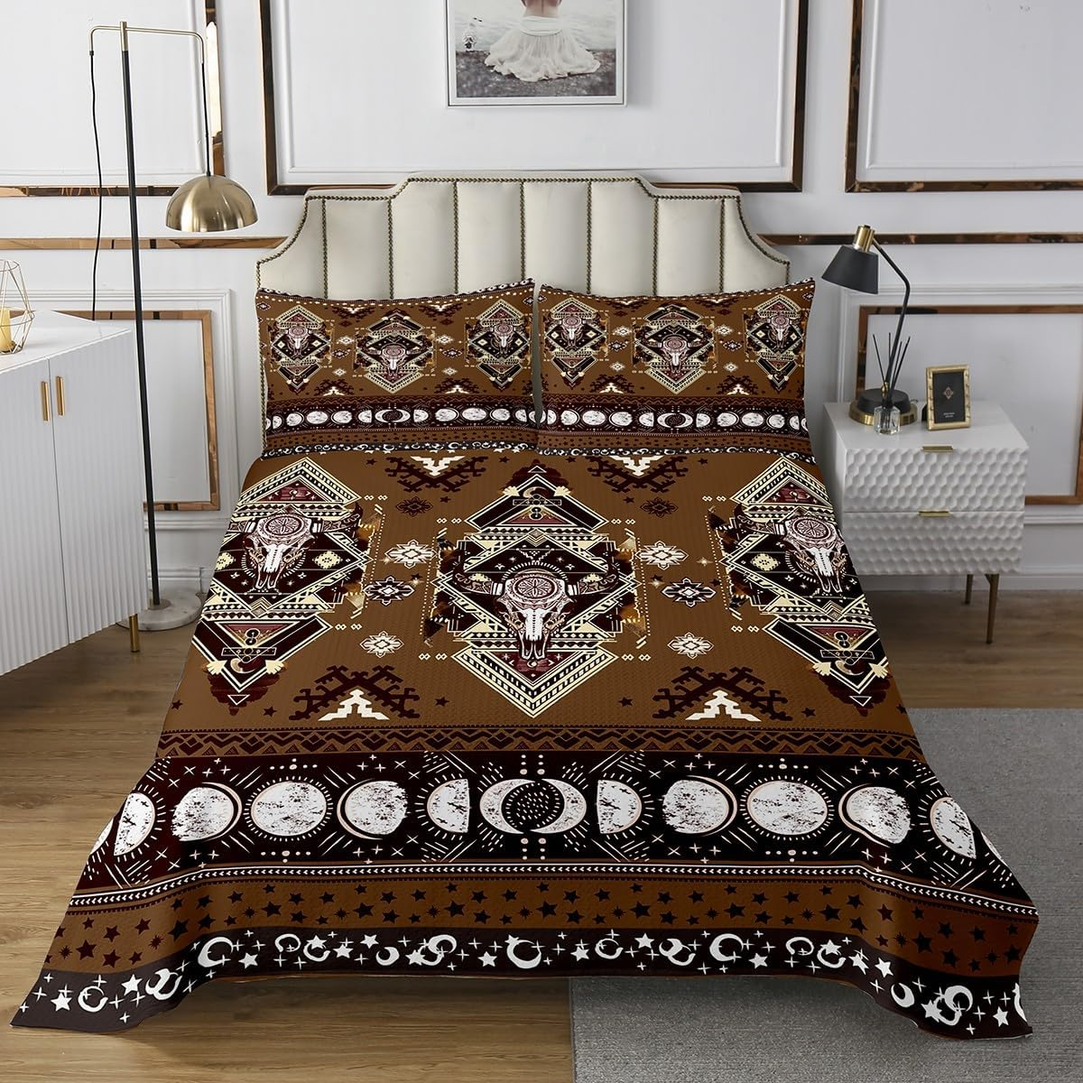 Manfei Rustic Cow Skull Bedspread Western Cowboy Bedding Set M Size Hand Drawn Moon Starry Sky Comforter Set Brown Aztec Tribal Coverlet Quilt Children Girls Adult Room Decor