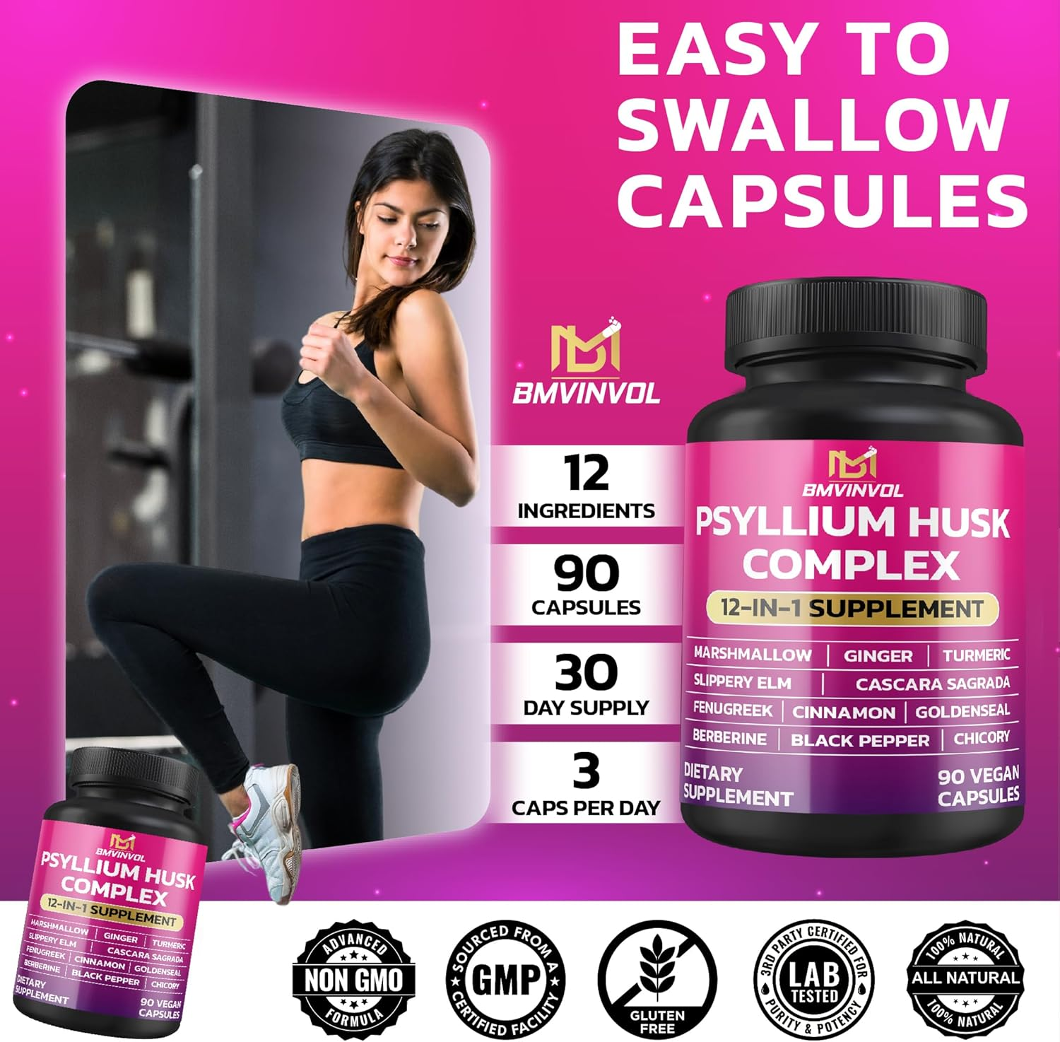 BMVINVOL Psyllium Husk, Slippery Elm, Cascara Sagrada, Fenugreek, Berberine, Cinnamon, Turmeric + 5 Mores - Immune Support & Digestive Health Supplement - 90 Capsules image number 2