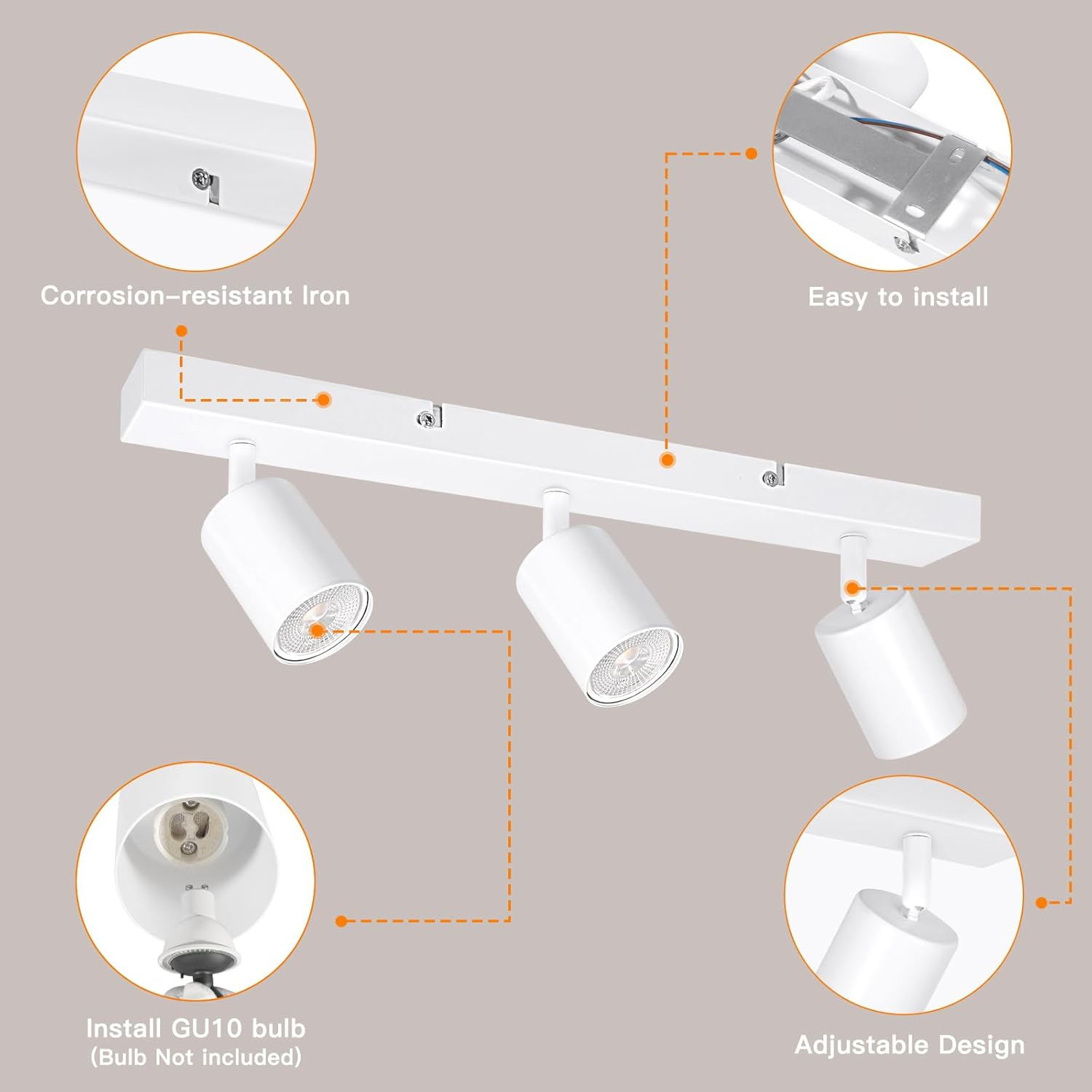 Ketom 3 Way Rotatable White GU10 Spotlight Ceiling Lights, Modern Kitchen & Living Room Lighting, 6W LED, 1 Pack image number 5