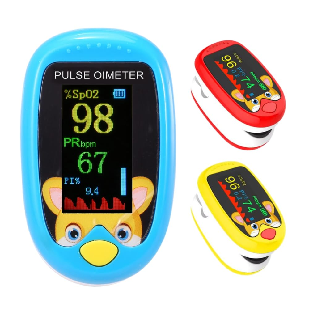 Cute Fox Finger Pulse Kids Oximeter Children Infants Babies Blue Red Yellow | Rechargeable Heart Rate Blood Oxygen Saturation Monitor Spo2 PI LED Display (Yellow)