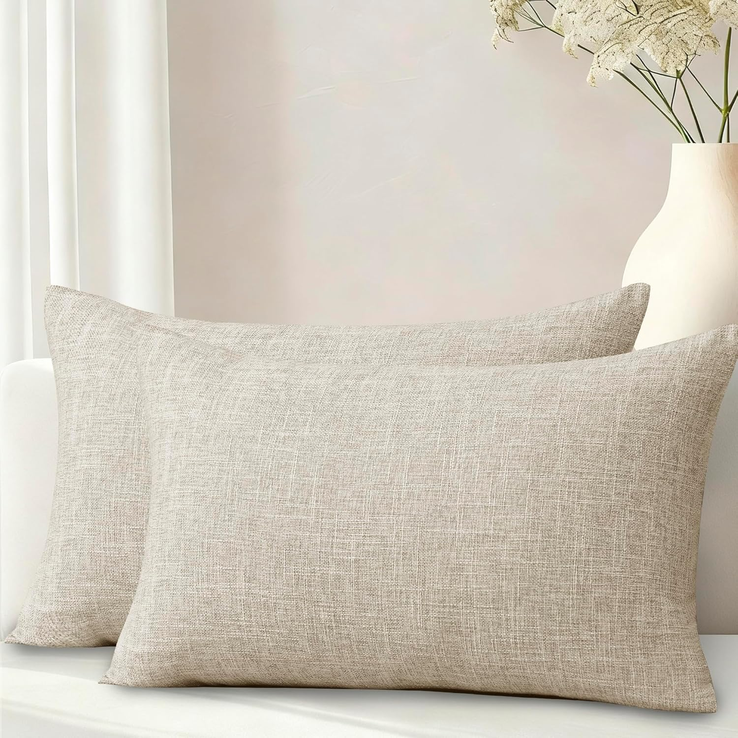 DWCN Linen Soild Throw Pillow Covers Soft Accent Cushion Case Boho Farmhouse Neutral Pillowcase for Couch Sofa Bedroom Living Room, Pack of 2, 30&times;50Cm, Beige