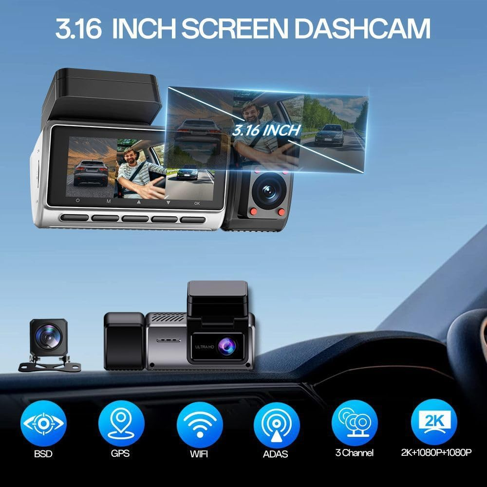 3 Channel Dash Cam with GPS, 2K+1080P+1080P Triple Lens Car Camera, Wifi, 24H Parking Mode, Acc Loop Recording, Support 256GB, Night Vision, Motion Detection, 3 Inch Screen image number 3