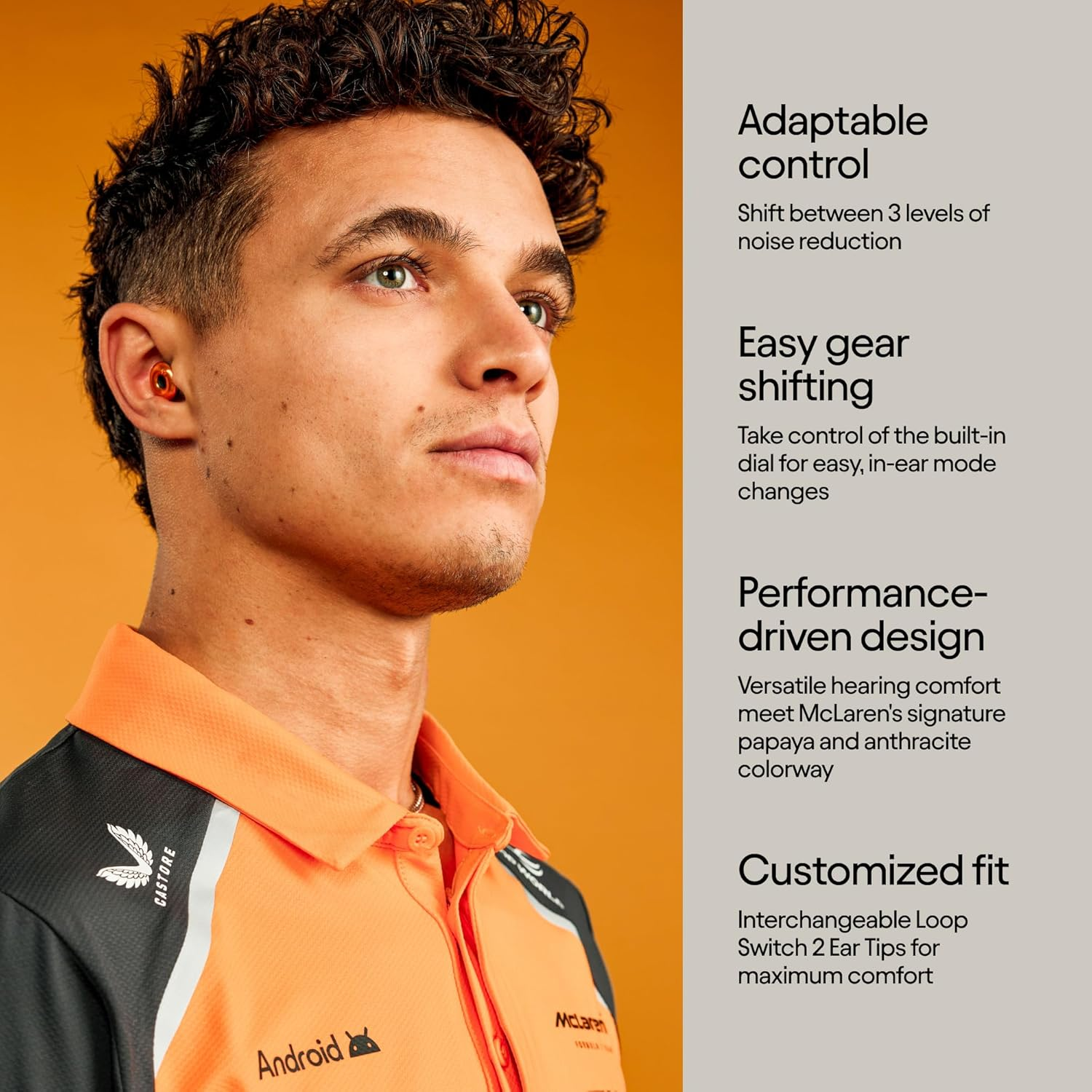 Mclaren Formula 1 Team X Loop Switch 2 Adjustable Earplugs &ndash; 3 Modes for Ultimate Control | Flexible Noise Reduction for Focus, Motorsports, Travel & More | 20-26 Db (SNR) Noise Reduction image number 3