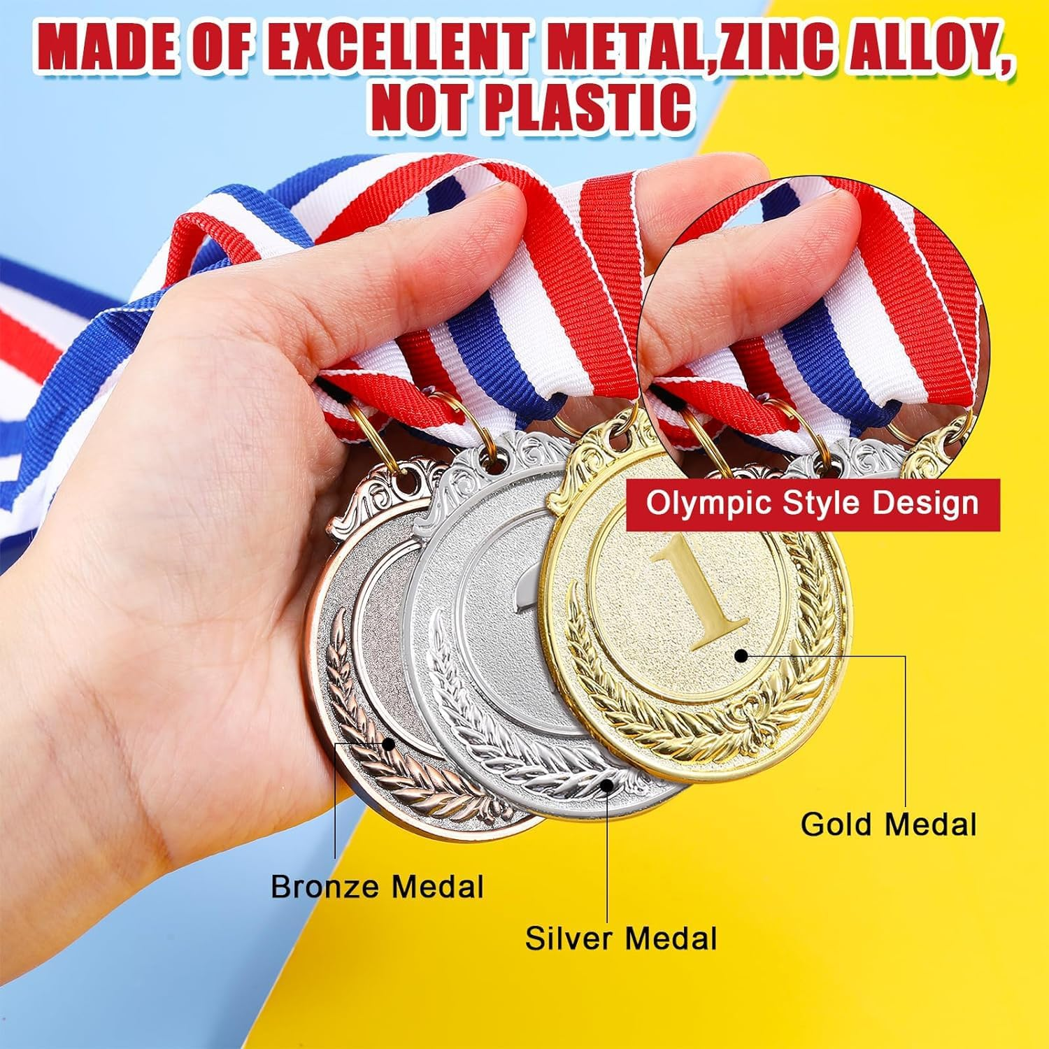 9 Pieces Metal Gold Silver Bronze Medals Award Medals Olympic Style Winner Medals for Children'S Adults Events 1St 2Nd 3Rd Olympic Gold Silver Bronze with Ribbon for Competitions Party Decorations image number 5